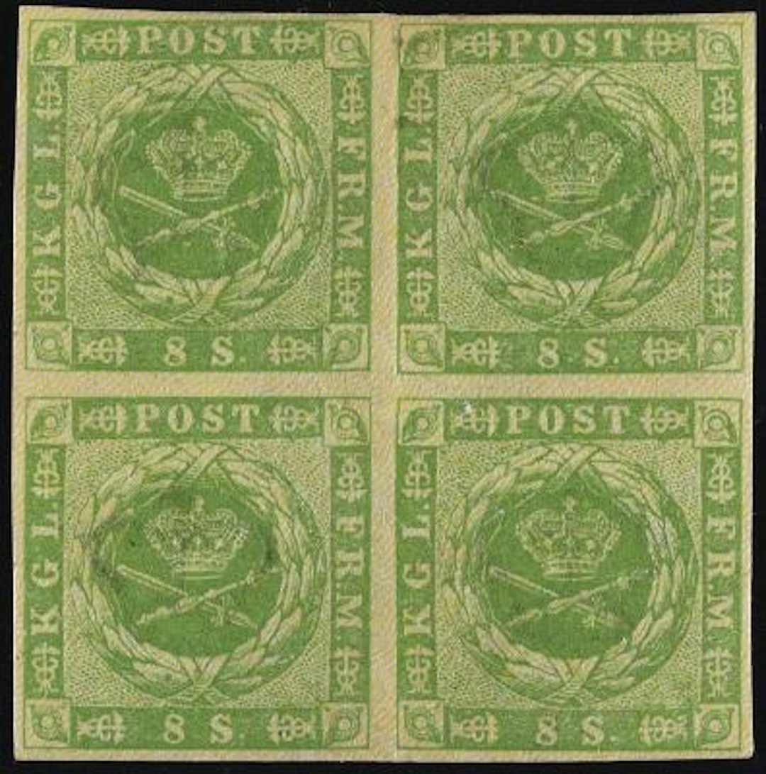 1854. 8 sk. green. MNH BLOCK OF 4. Full margined and excellent. Vertical