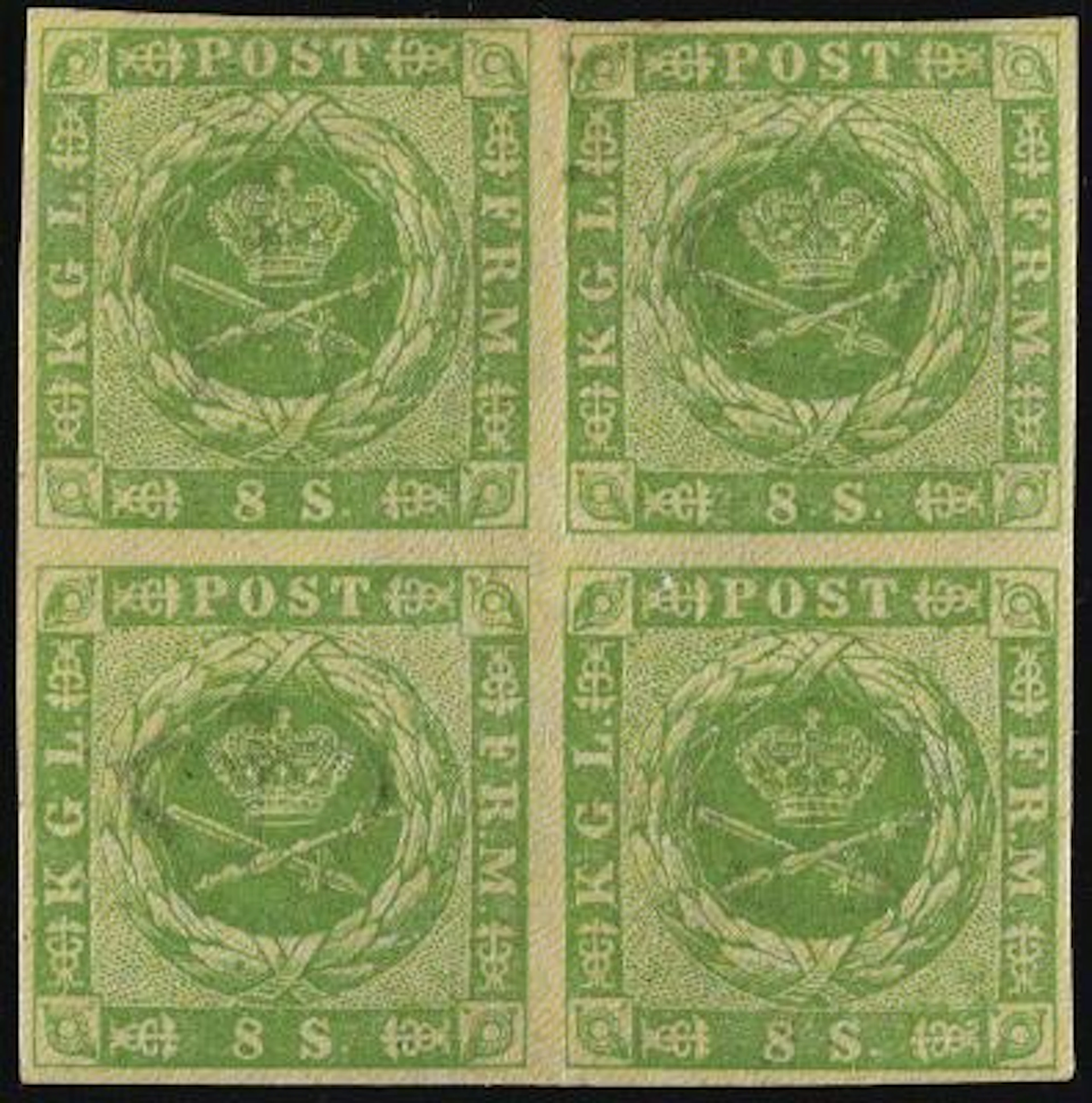 1854. 8 sk. green. MNH BLOCK OF 4. Full margined and excellent. Vertical