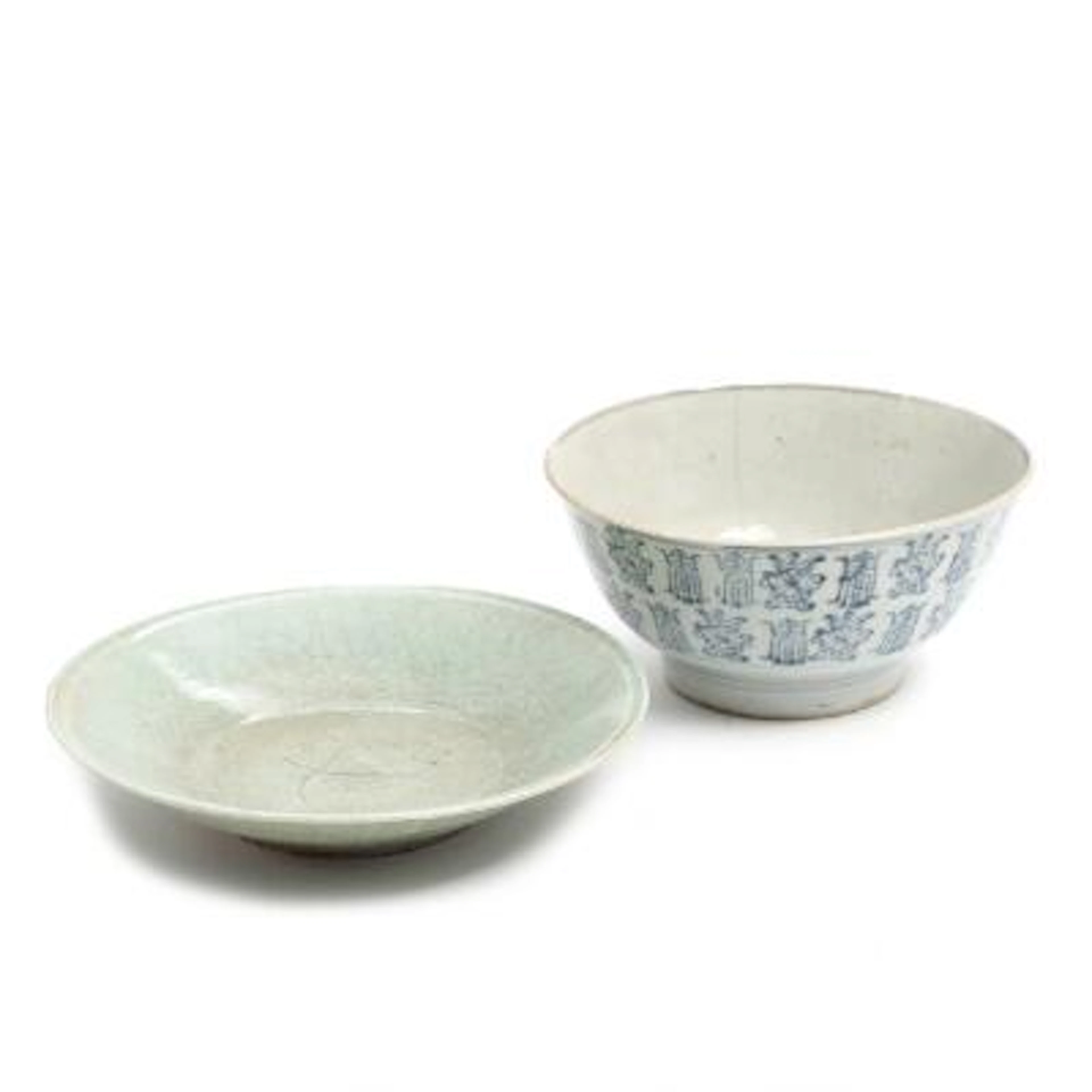 Chinese Ming blue and white pottery bowl and an Asian celadon dish.