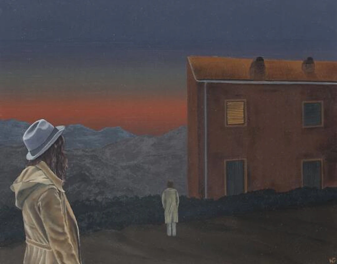 Painter unknown, 20th century: Evening scene with two figures. Signed