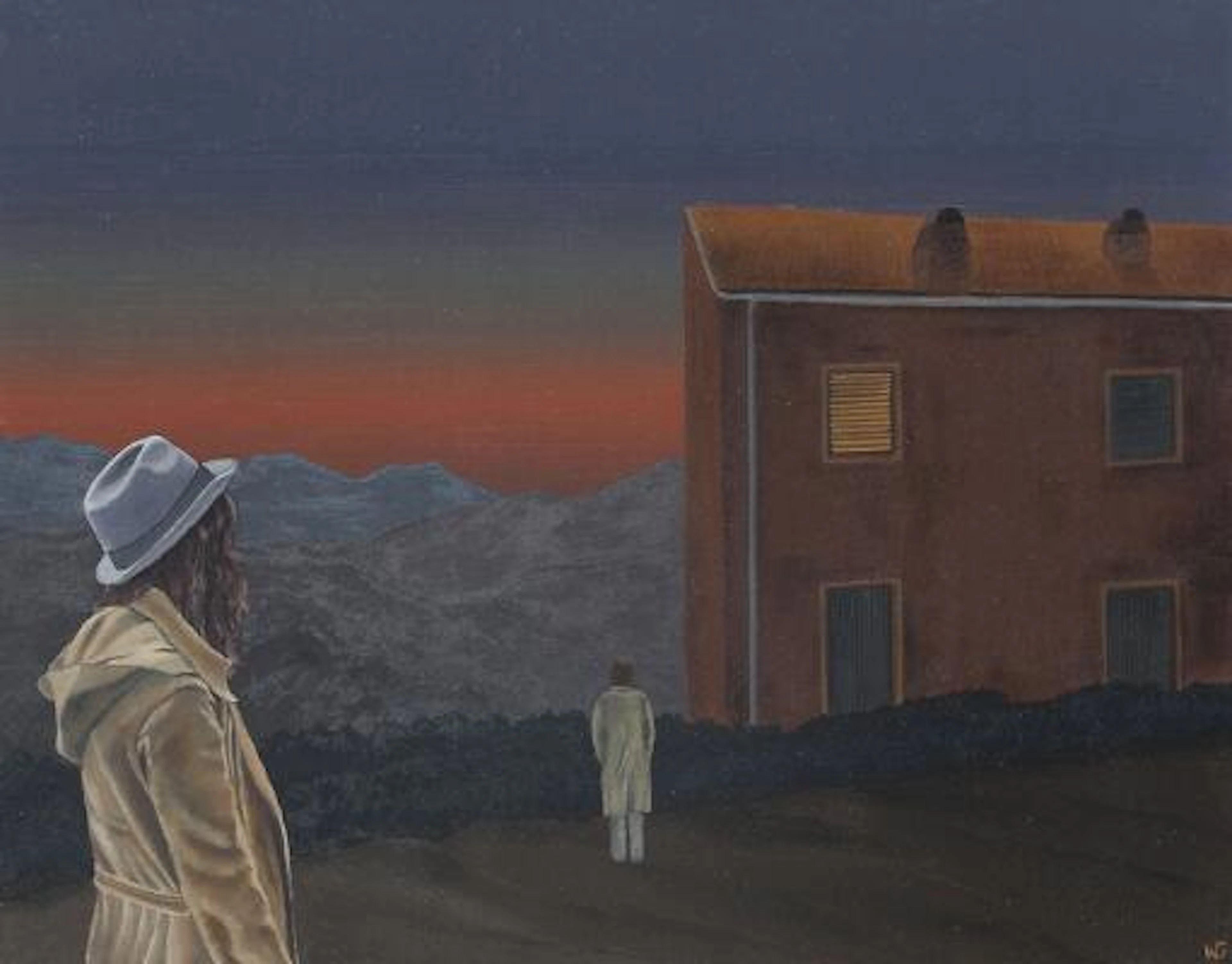 Painter unknown, 20th century: Evening scene with two figures. Signed