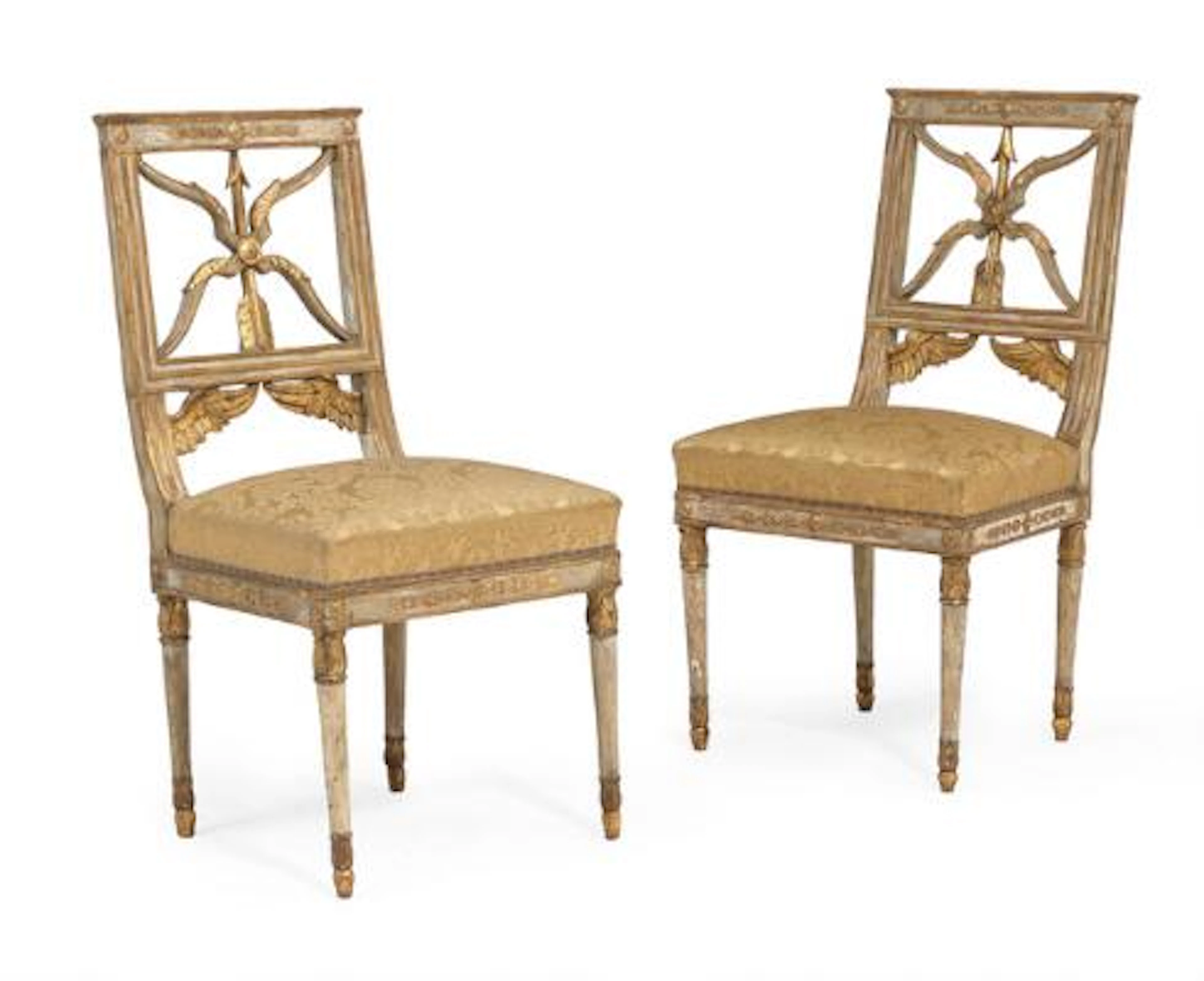 A pair of North Italian grey and giltwood side Empire chairs. Early