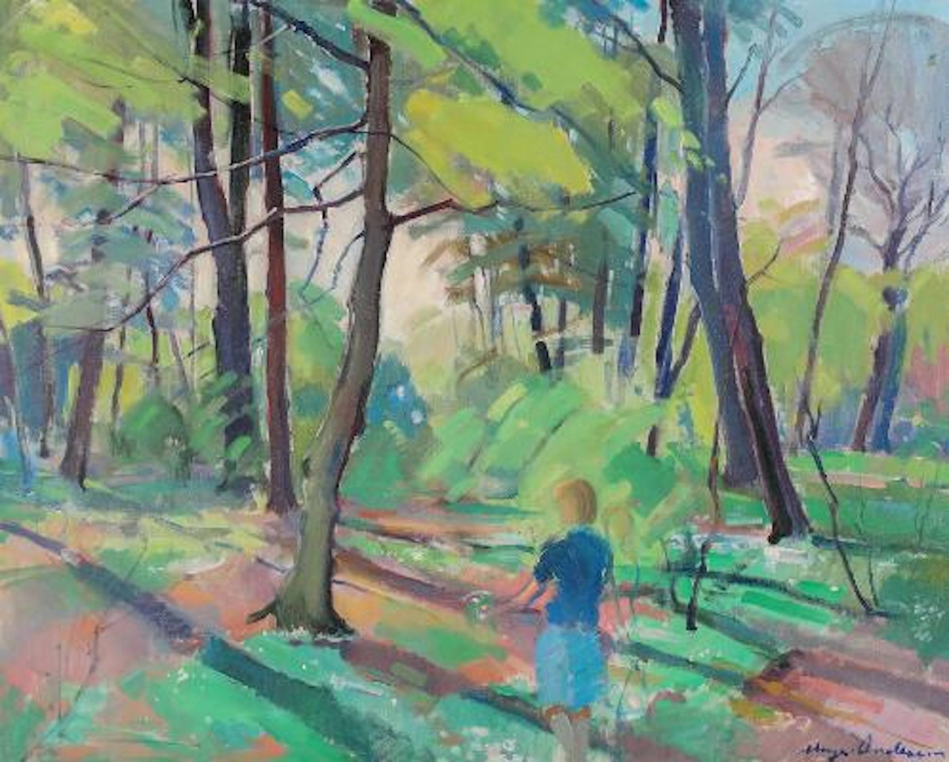 Mogens S. Andersen: Forest scenery with woman seen from behind. Signed