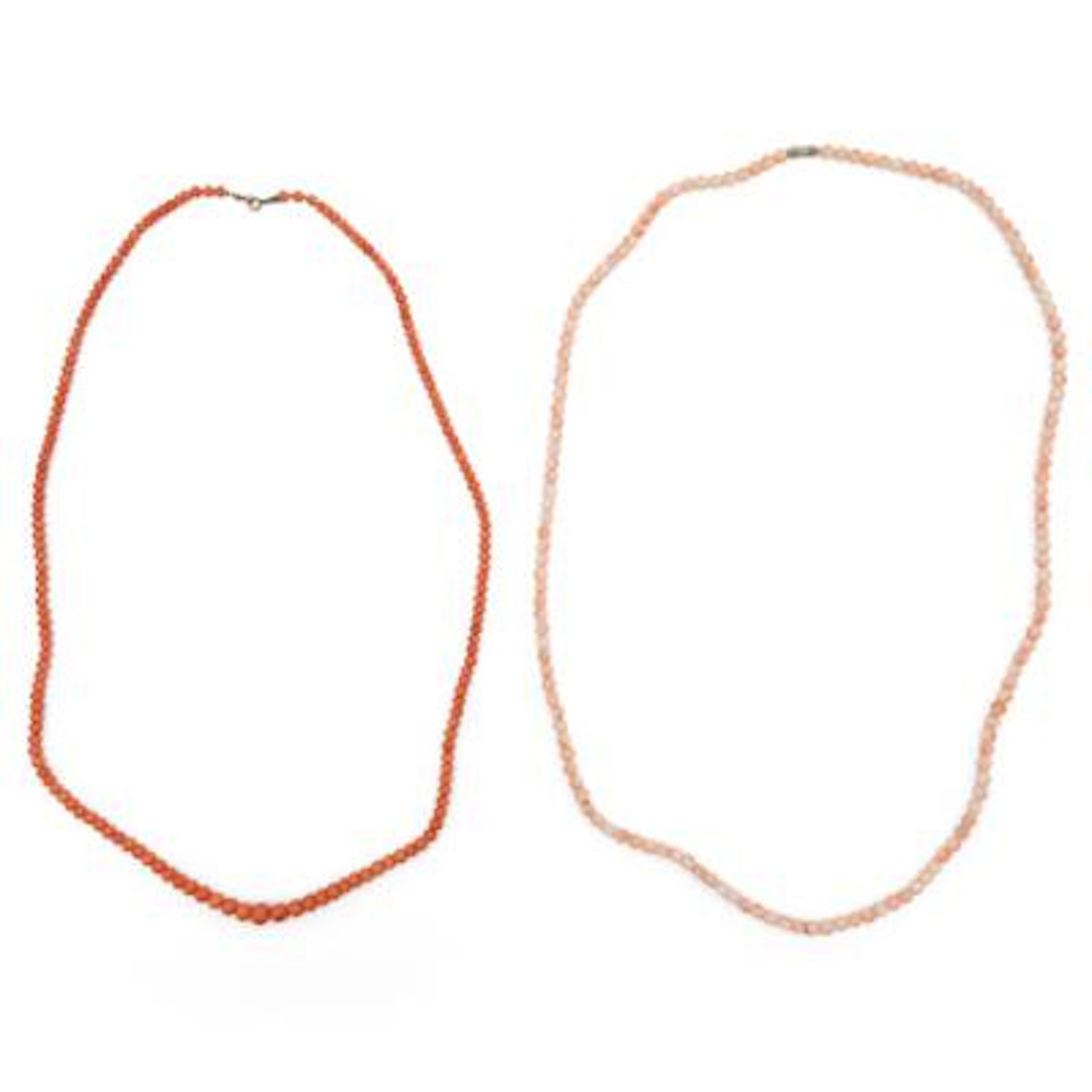 Two coral necklaces each set with numerous polished coral beads. Bead