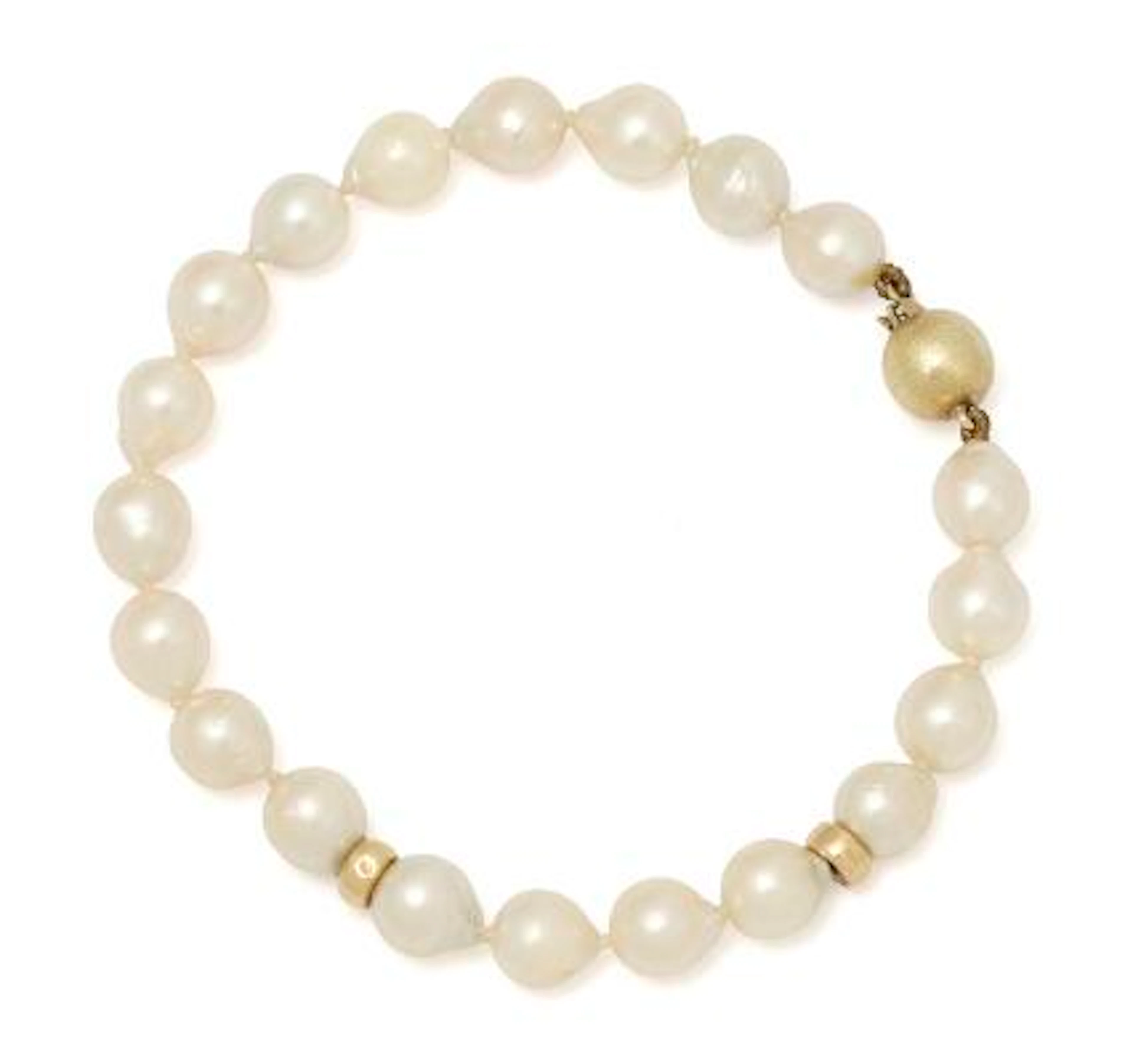 A pearl bracelet set with cultured pearls and 14k gold and ball clasp