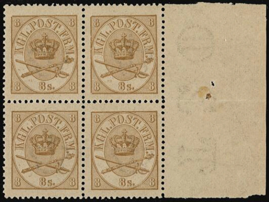 1864. 8 sk. Yellow brown. Fantastic MNH block of 4 with full right