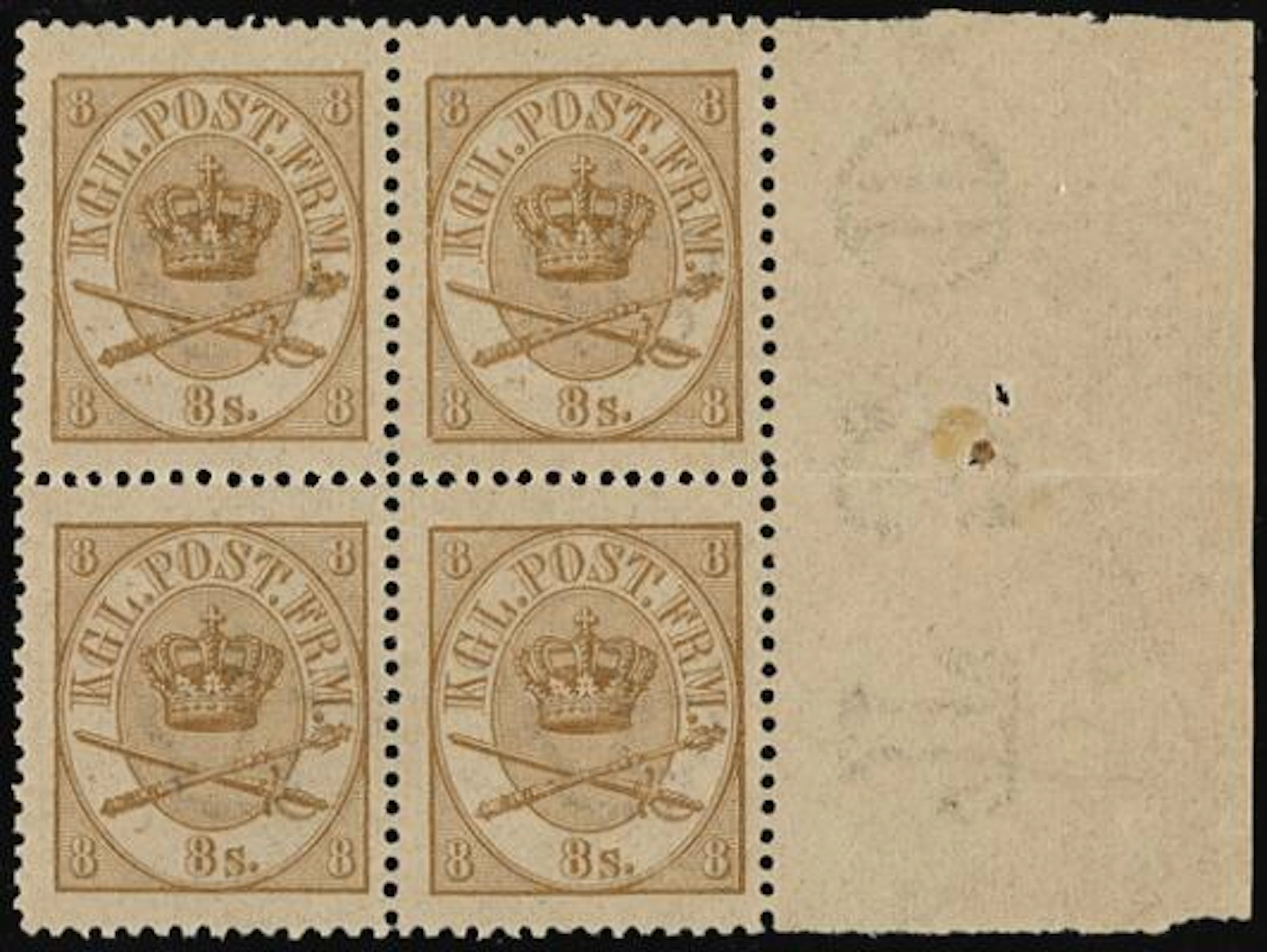 1864. 8 sk. Yellow brown. Fantastic MNH block of 4 with full right