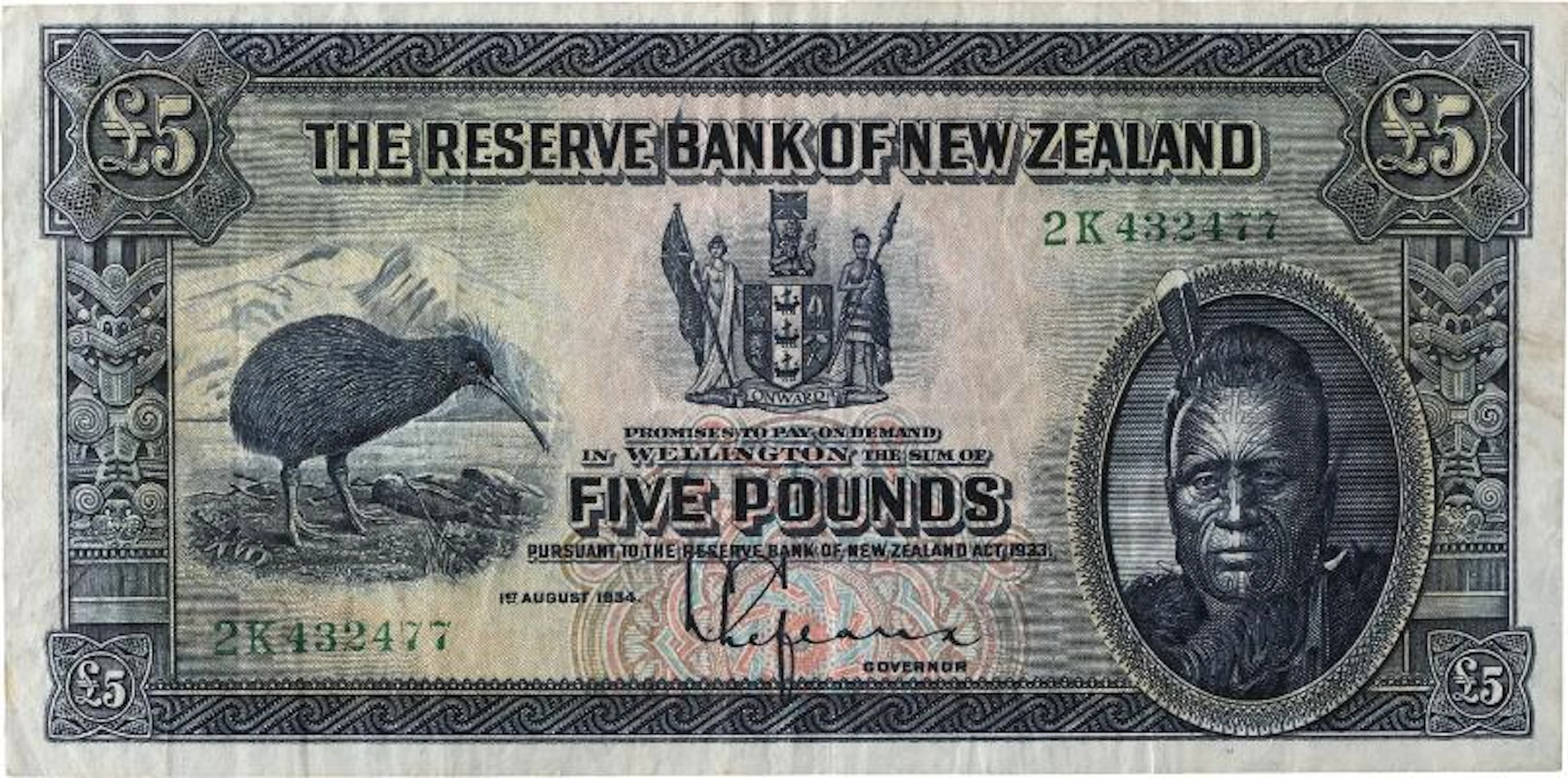 New Zealand, 5 Pounds, 1st August 1934, Pick 156 – Bruun Rasmussen Auctioneers