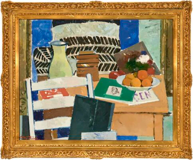 Olaf Rude: Still life with vase, books and fruit. Signed Olaf Rude.