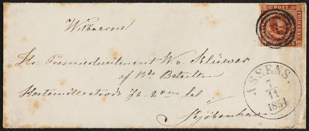 1854. 4 RBS, nut brown. Thiele III. Covers from Assens to Copenhagen