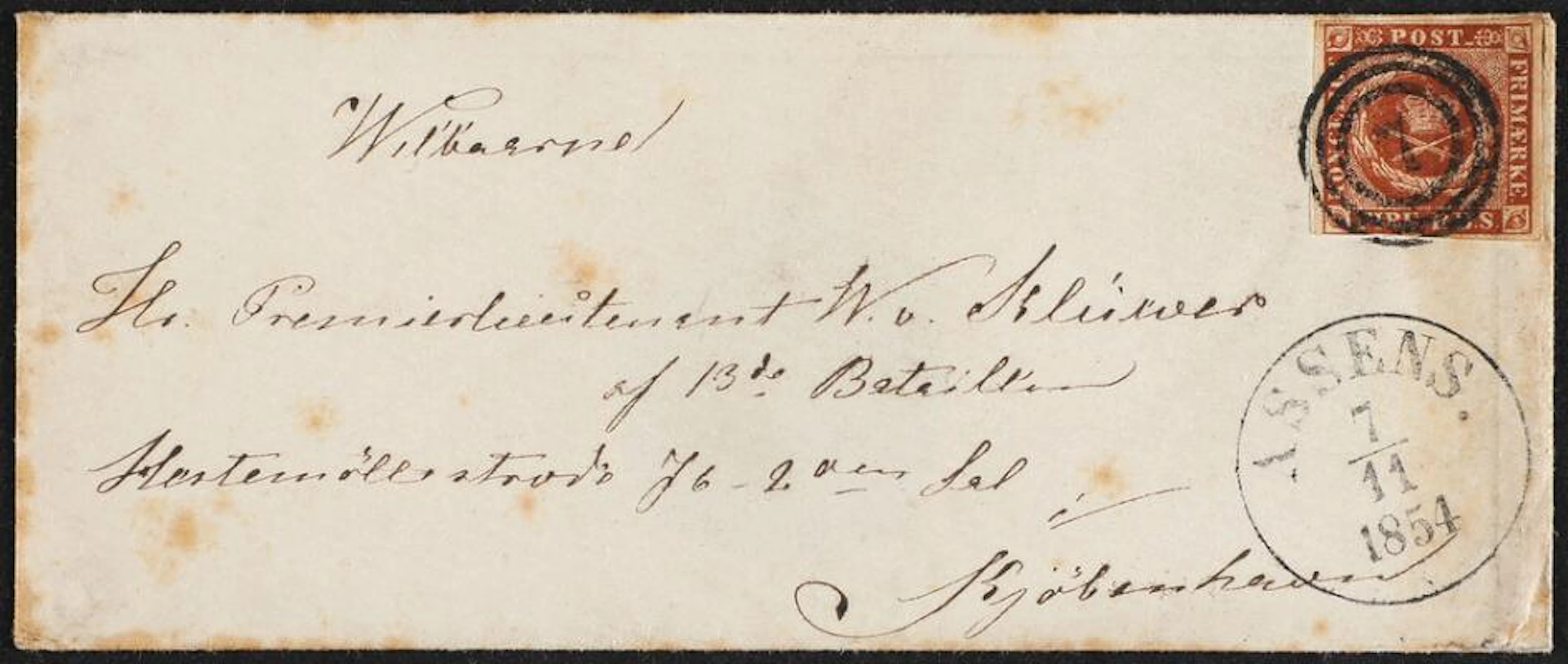 1854. 4 RBS, nut brown. Thiele III. Covers from Assens to Copenhagen