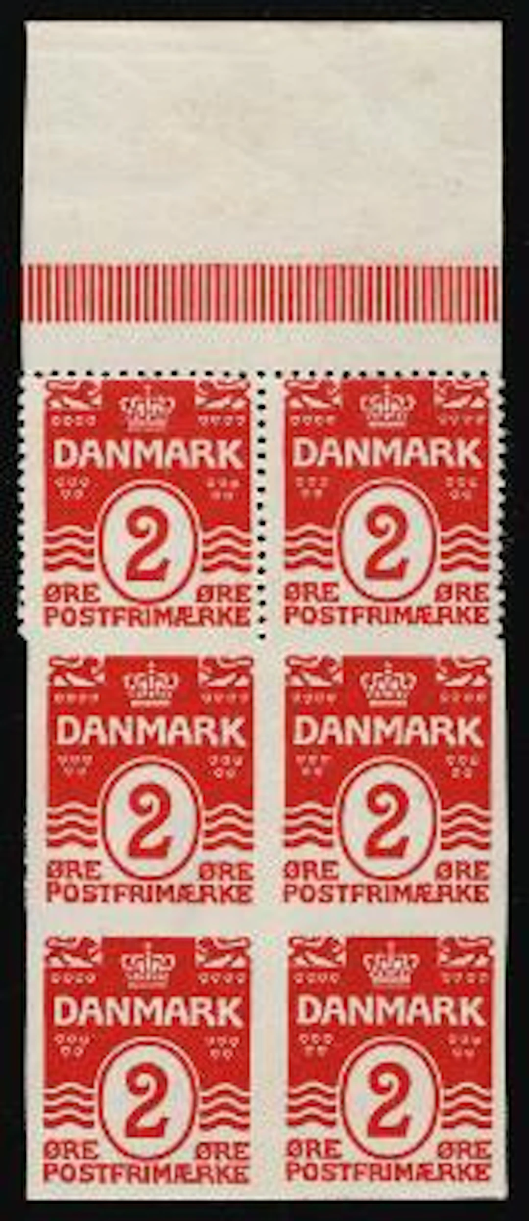 1913. Wavy line. 2 øre, red. Type I. MNH block of 4 with 4 IMPERFORATED