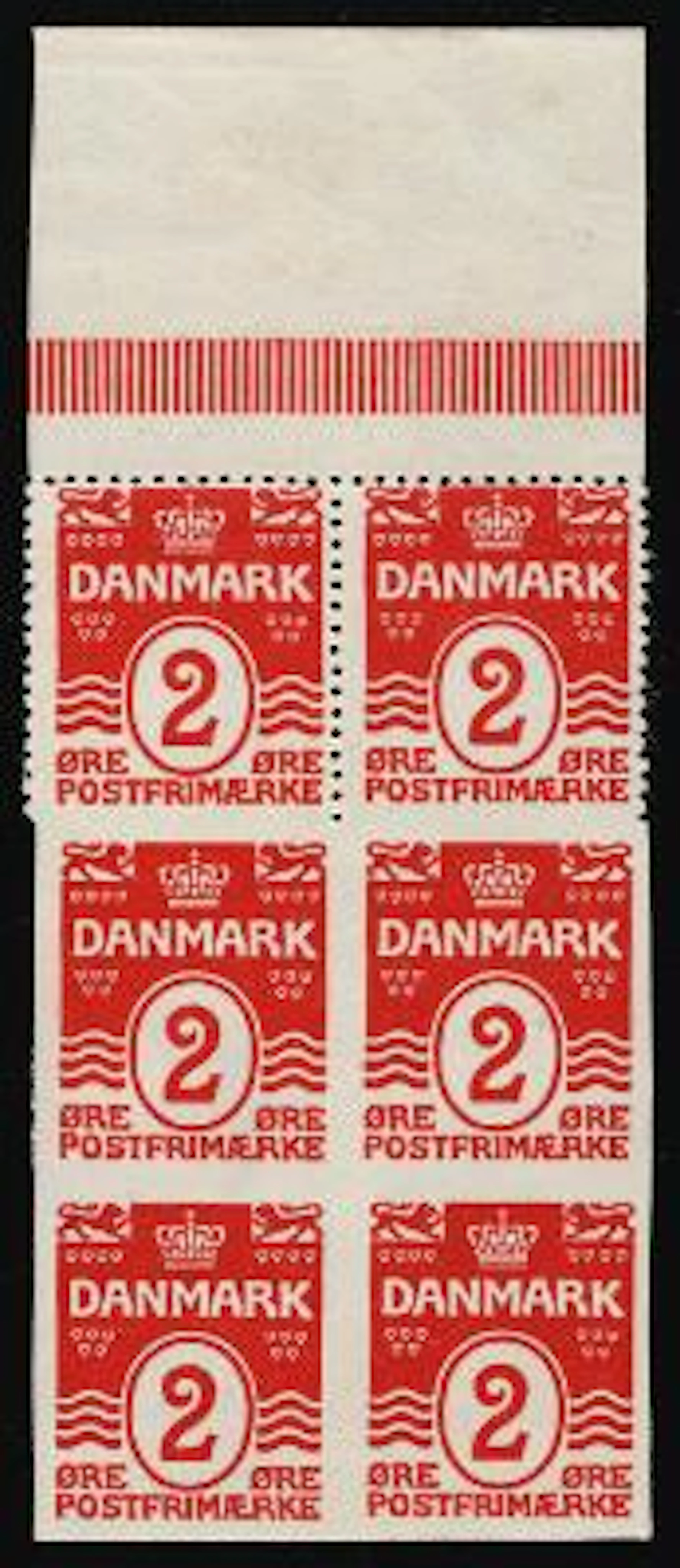 1913. Wavy line. 2 øre, red. Type I. MNH block of 4 with 4 IMPERFORATED
