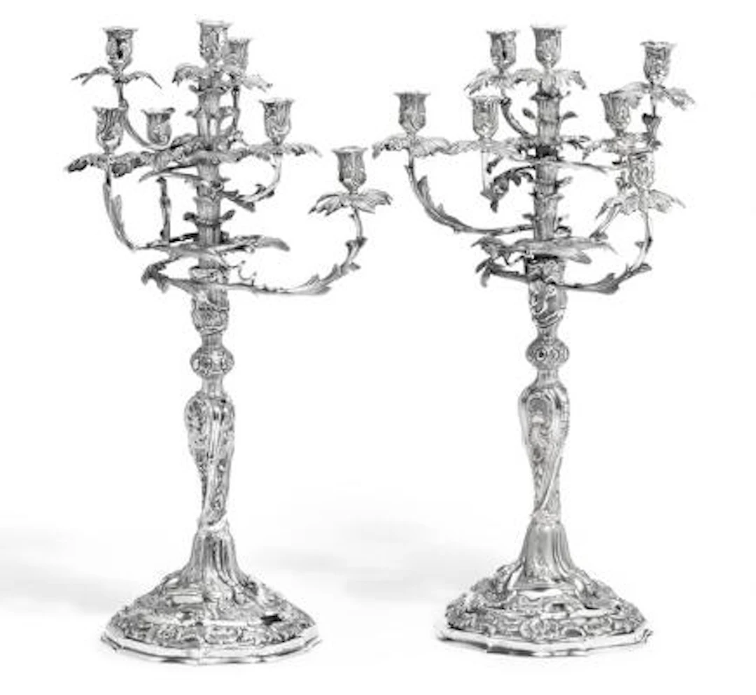 A. Michelsen: A pair of Danish Rococo Revival seven-light silver candelabra.