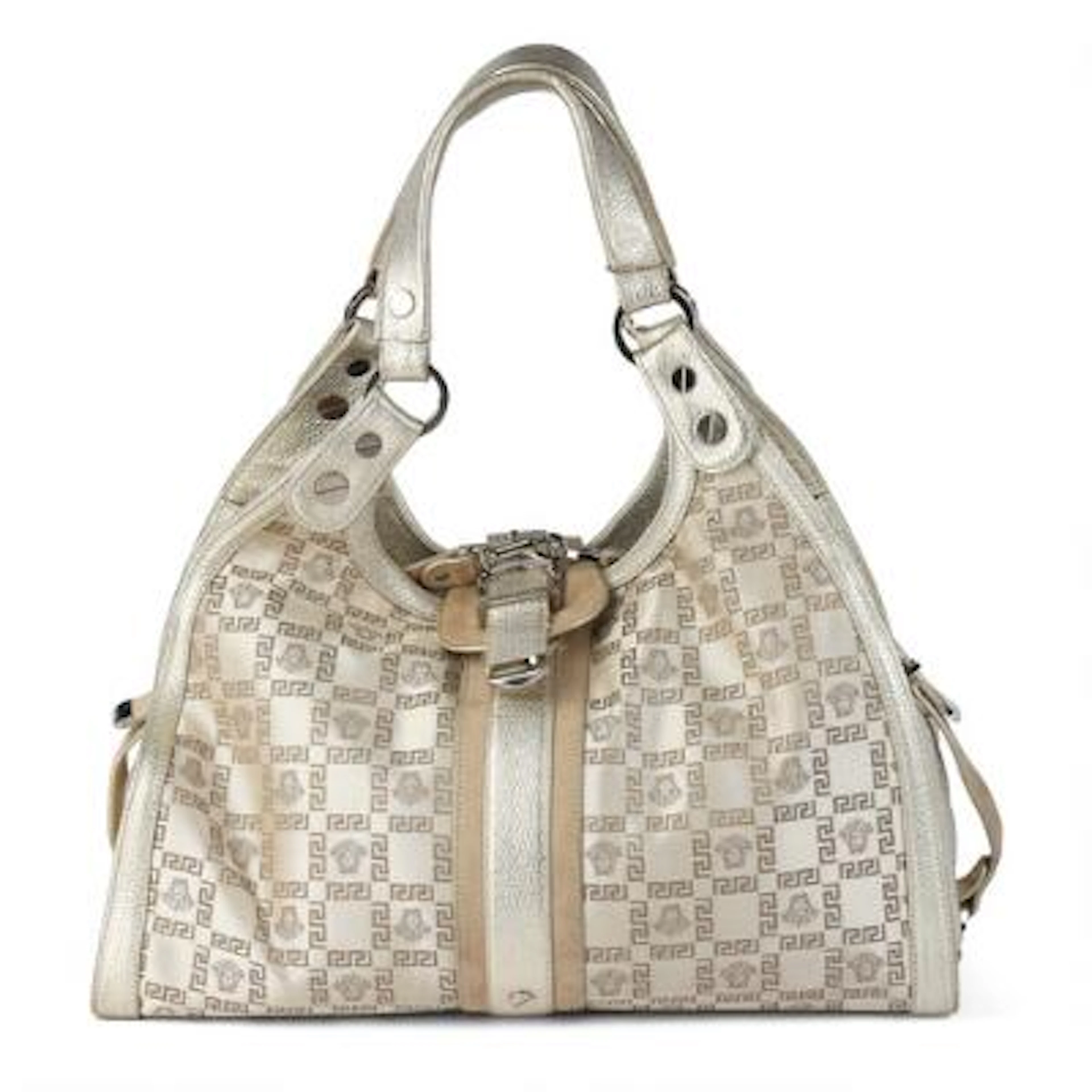 Versace: A bag og golden monogram canvas with golden leather - and