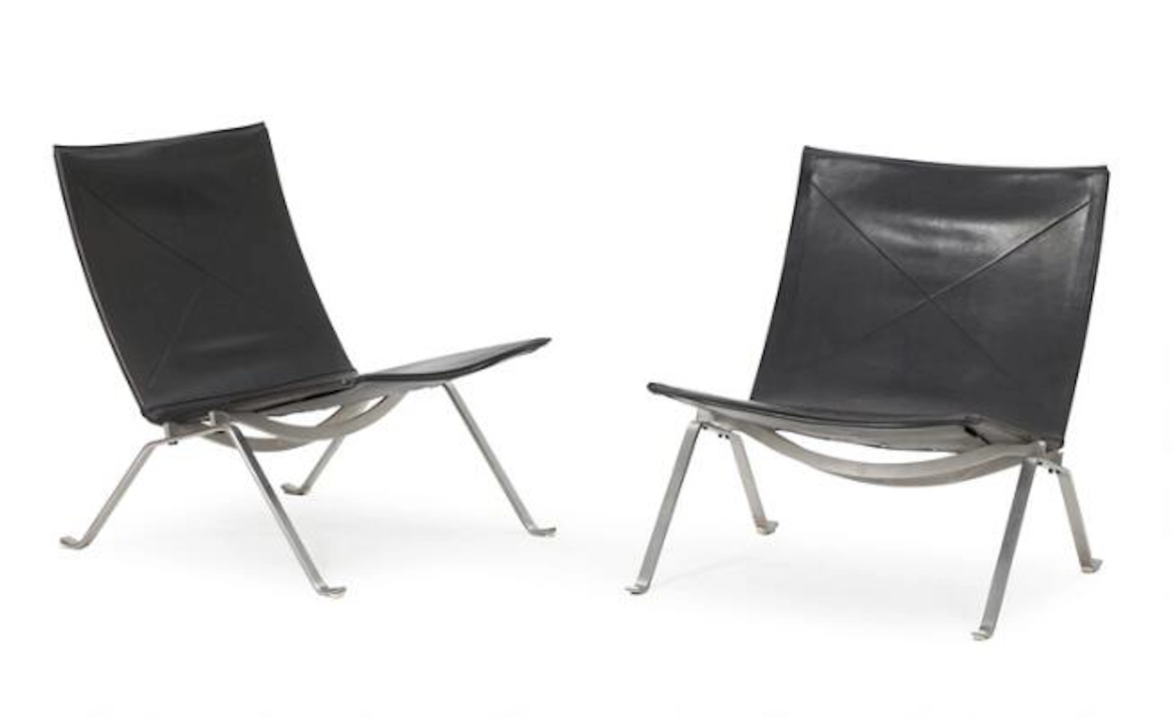 Poul Kjærholm: "PK 22". A pair of easy chairs with steel frame and