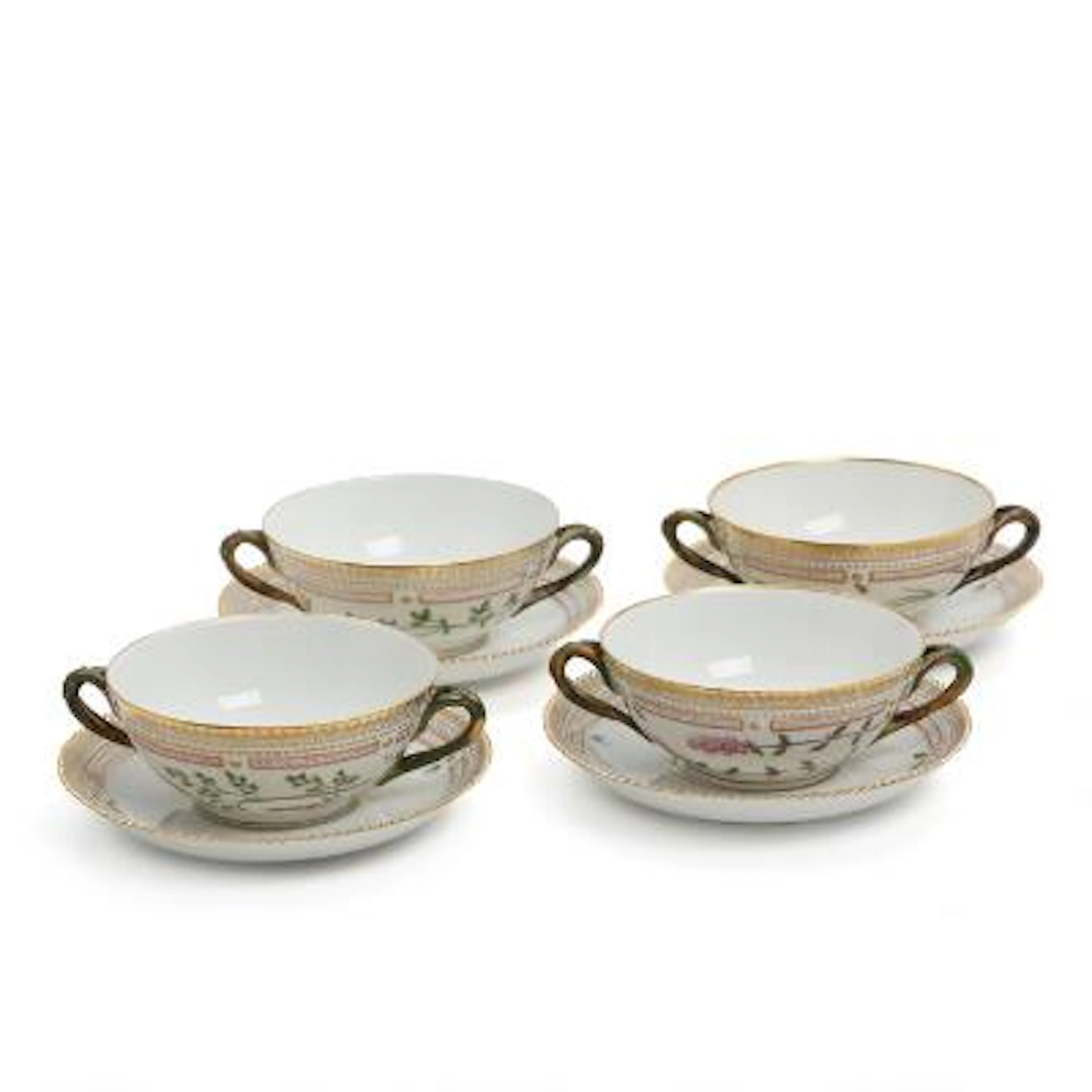 "Flora Danica". Set of four porcelain bouillon cups and saucers. 3612.