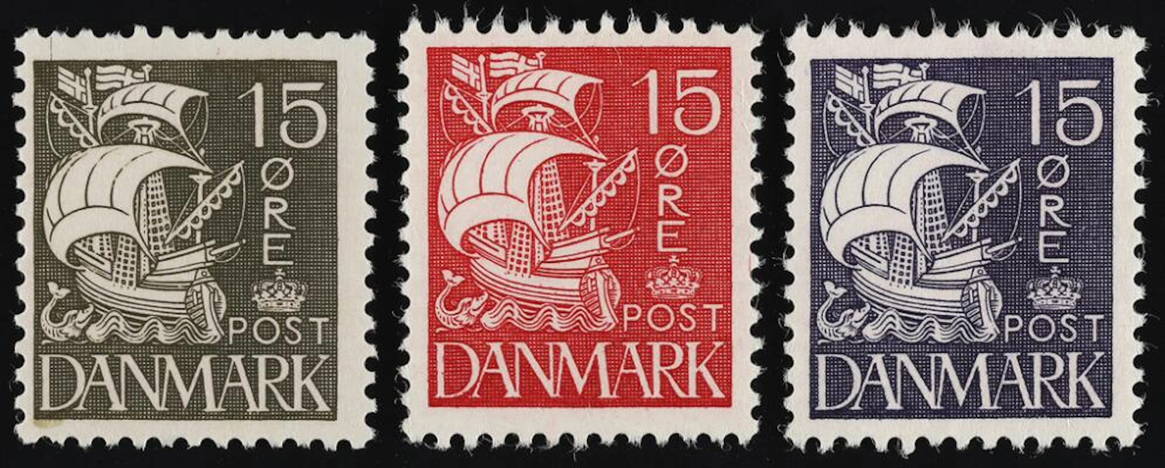 1932. Ship, 15 øre. 3 PROOFS in grey, red and dark purple. Ex. Specimen