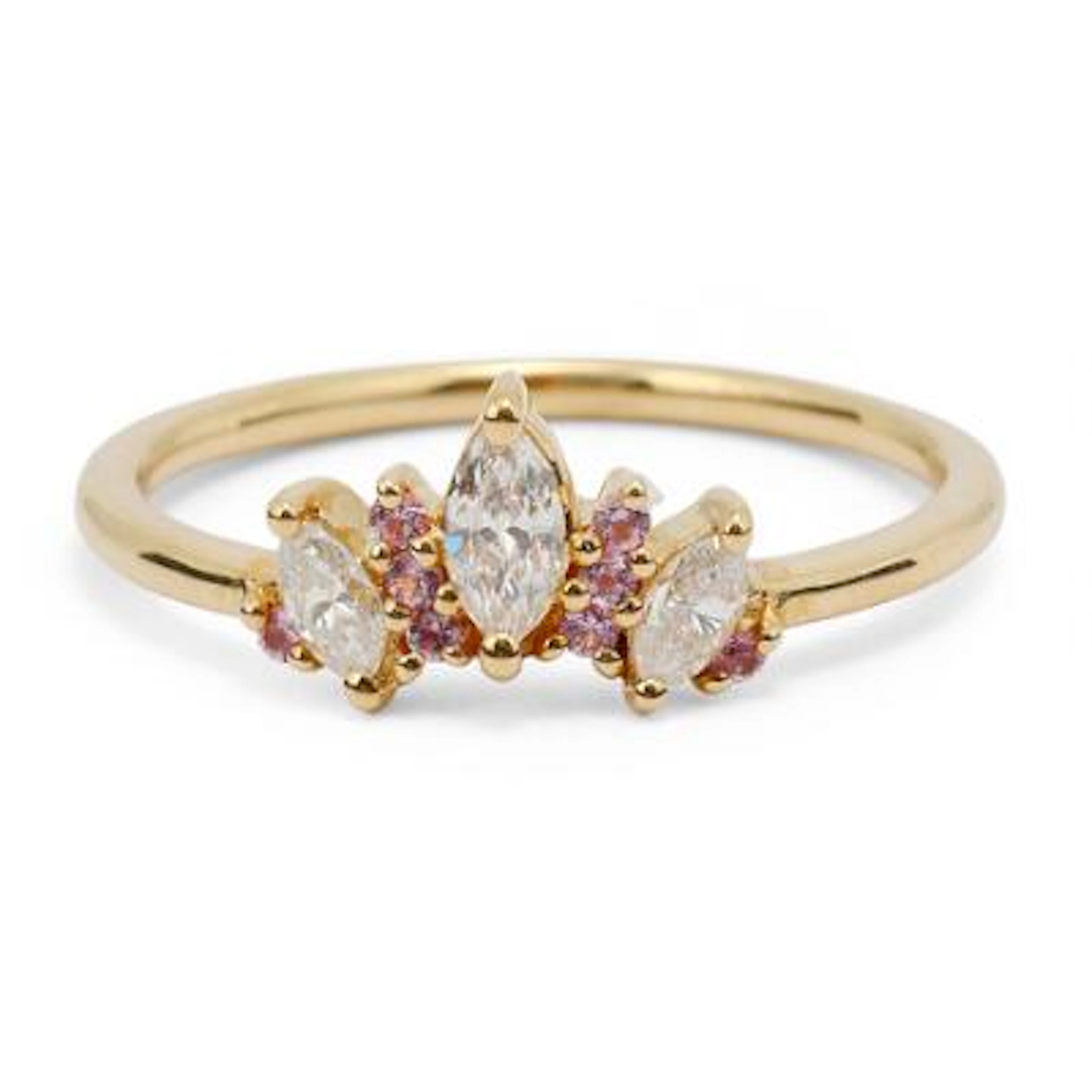 A diamond and pink sapphire ring set with diamonds and pink sapphires.