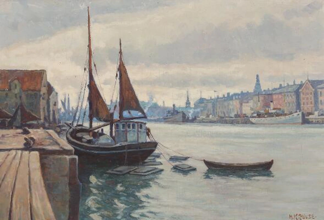 Hans Kruuse: A view of Copenhagen Harbour. Signed H. Kruse. Oil on