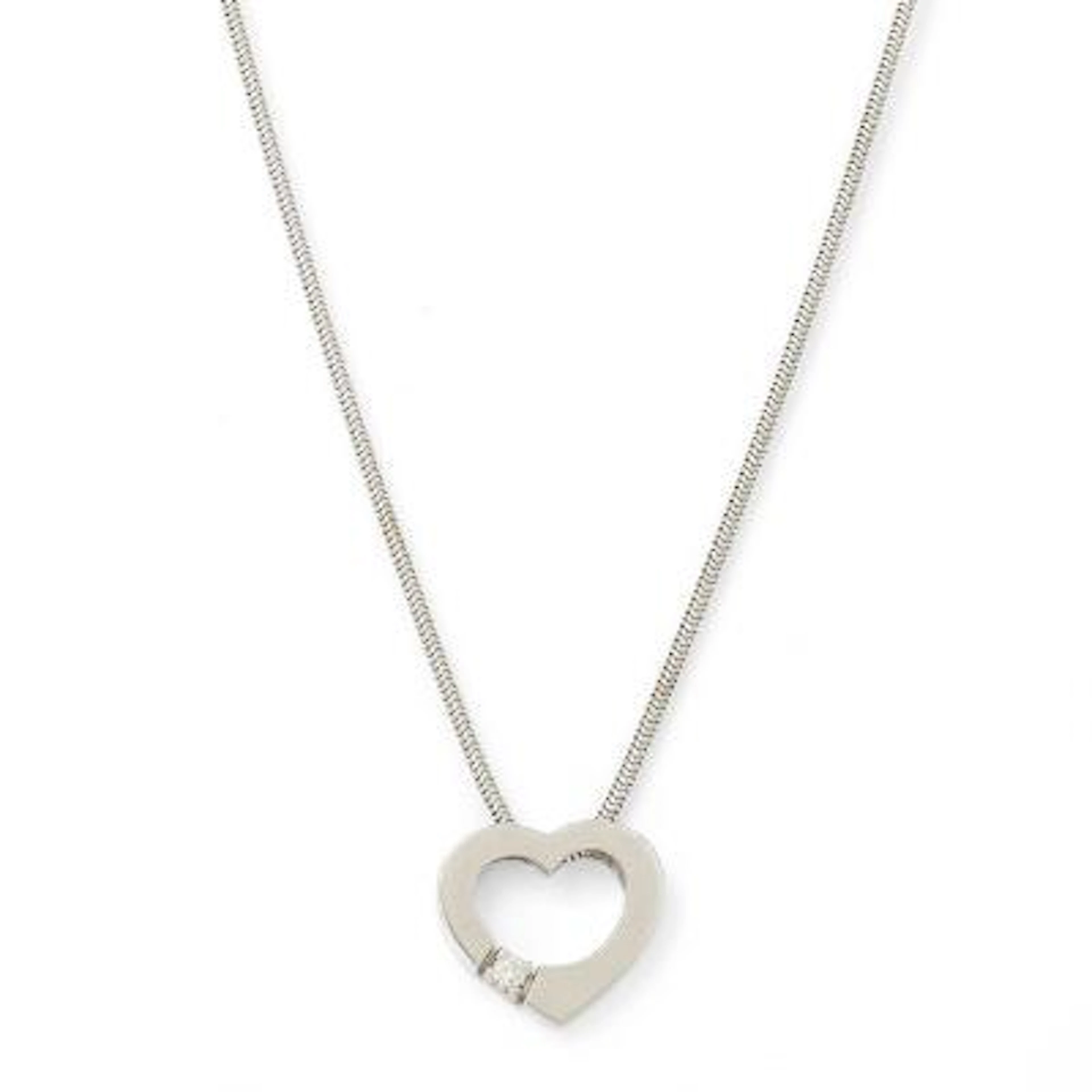 A heart-shaped diamond pendant, mounted in 14k white gold. Accompanied