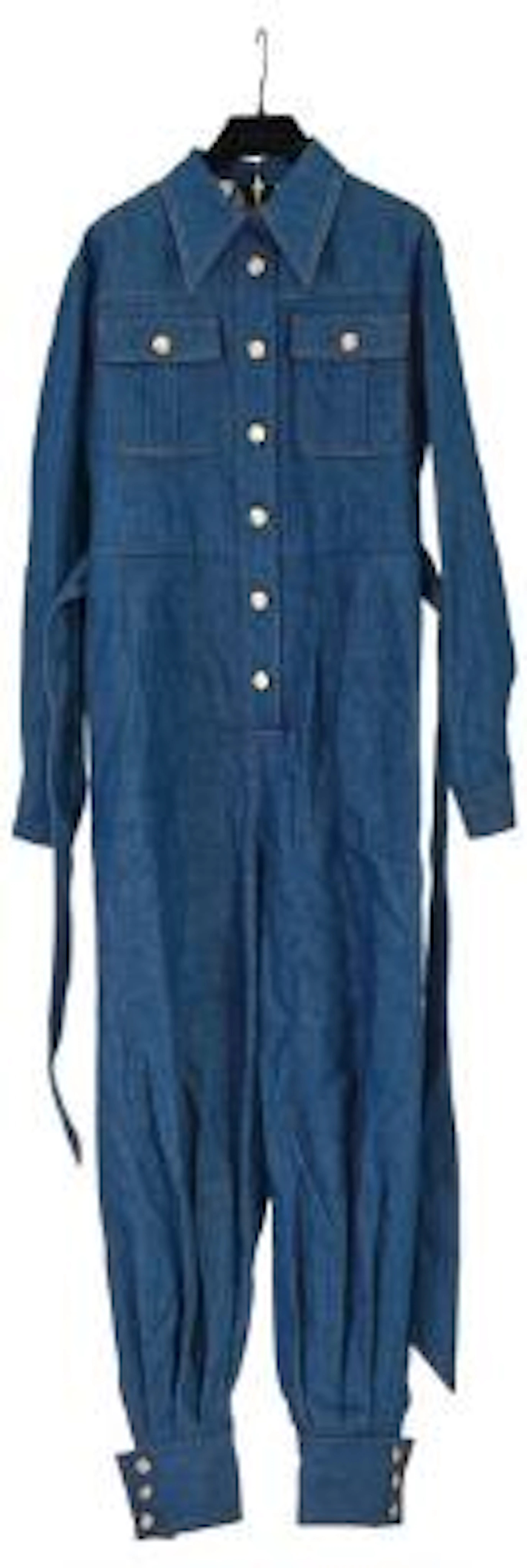 Gucci: A jumpsuit of blue denim with a collar, buttons and four pockets.
