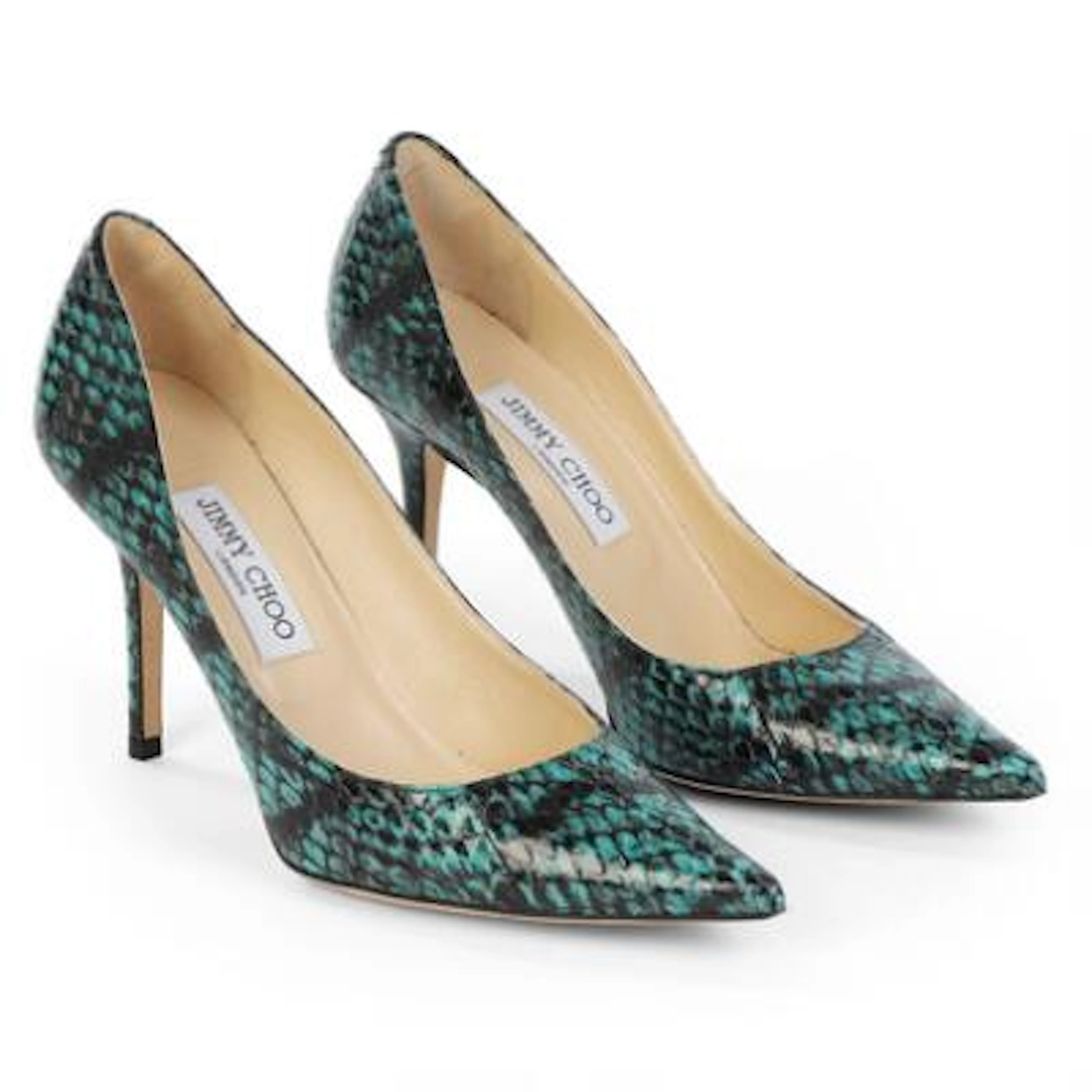 Jimmy Choo: A pair of python-inspired stilettos in color "Emerald".