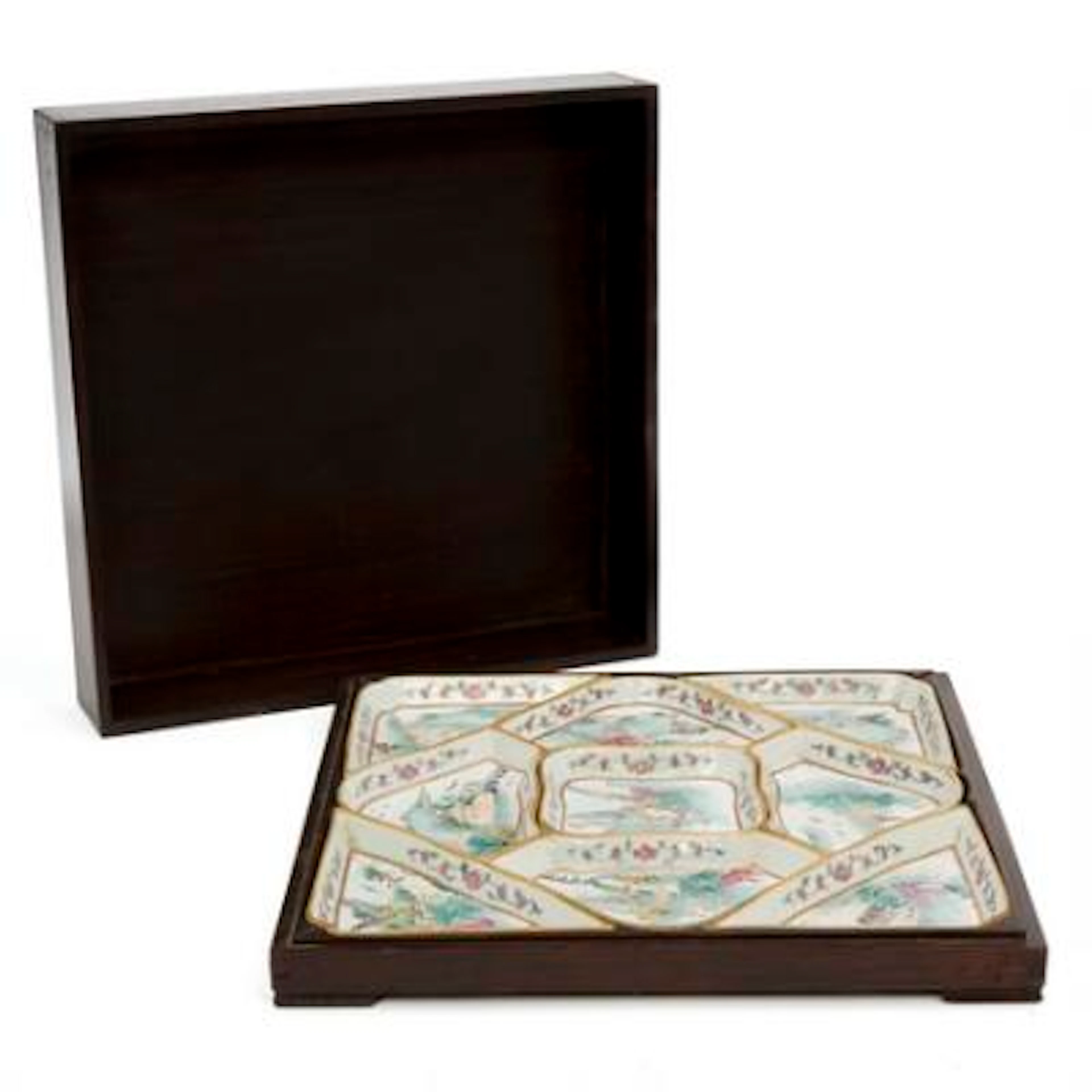 A Chinese enamelled porcelain nine-piece cabaret dish in a fitted