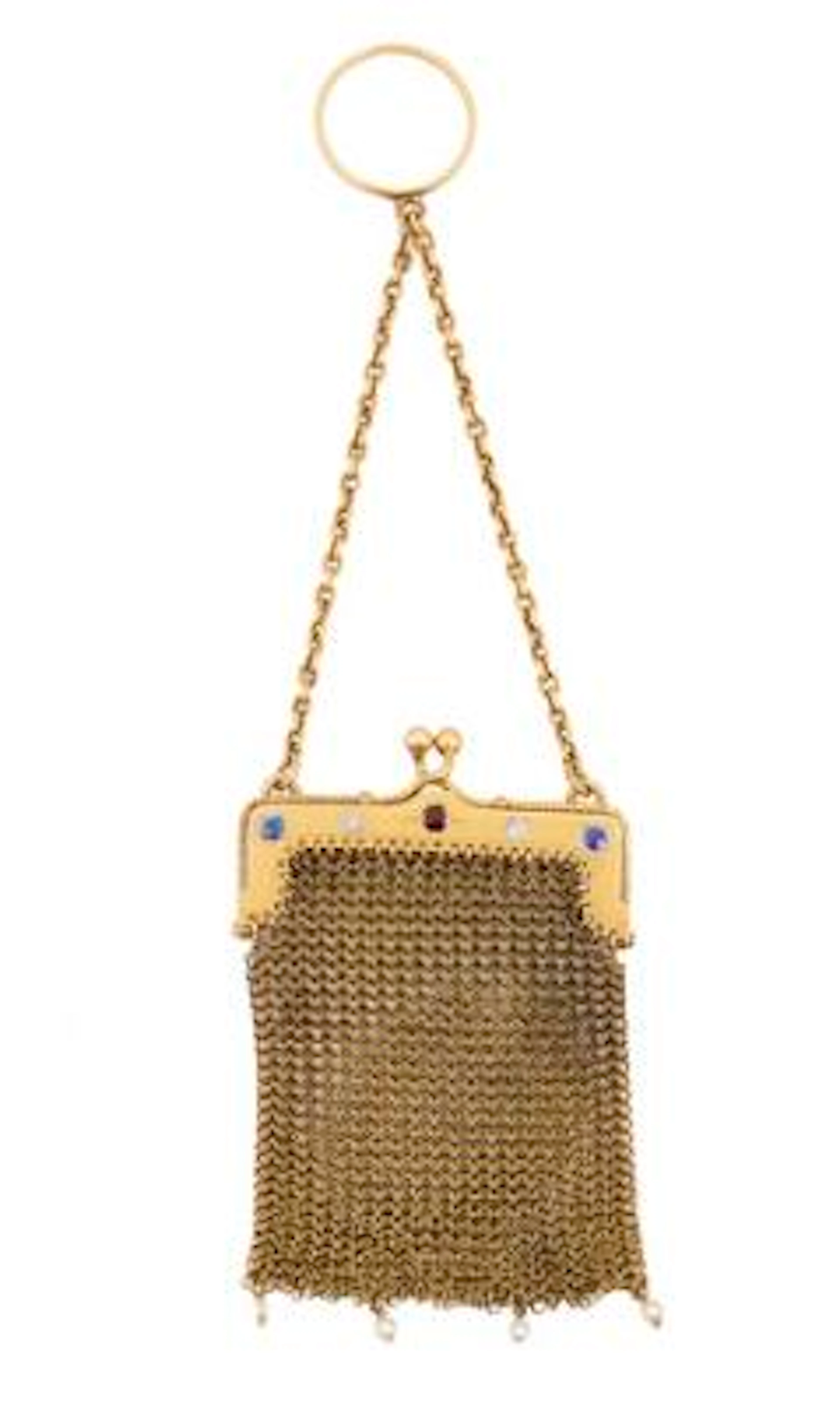 A small bag set with old-cut diamond and pearl, mounted in 14k woven