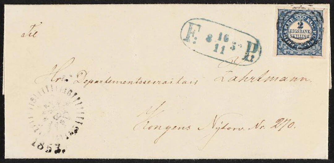 1852. 2 Rigsbankskilling, blue. Thiele. Plate II, nr. 71. Type 5.