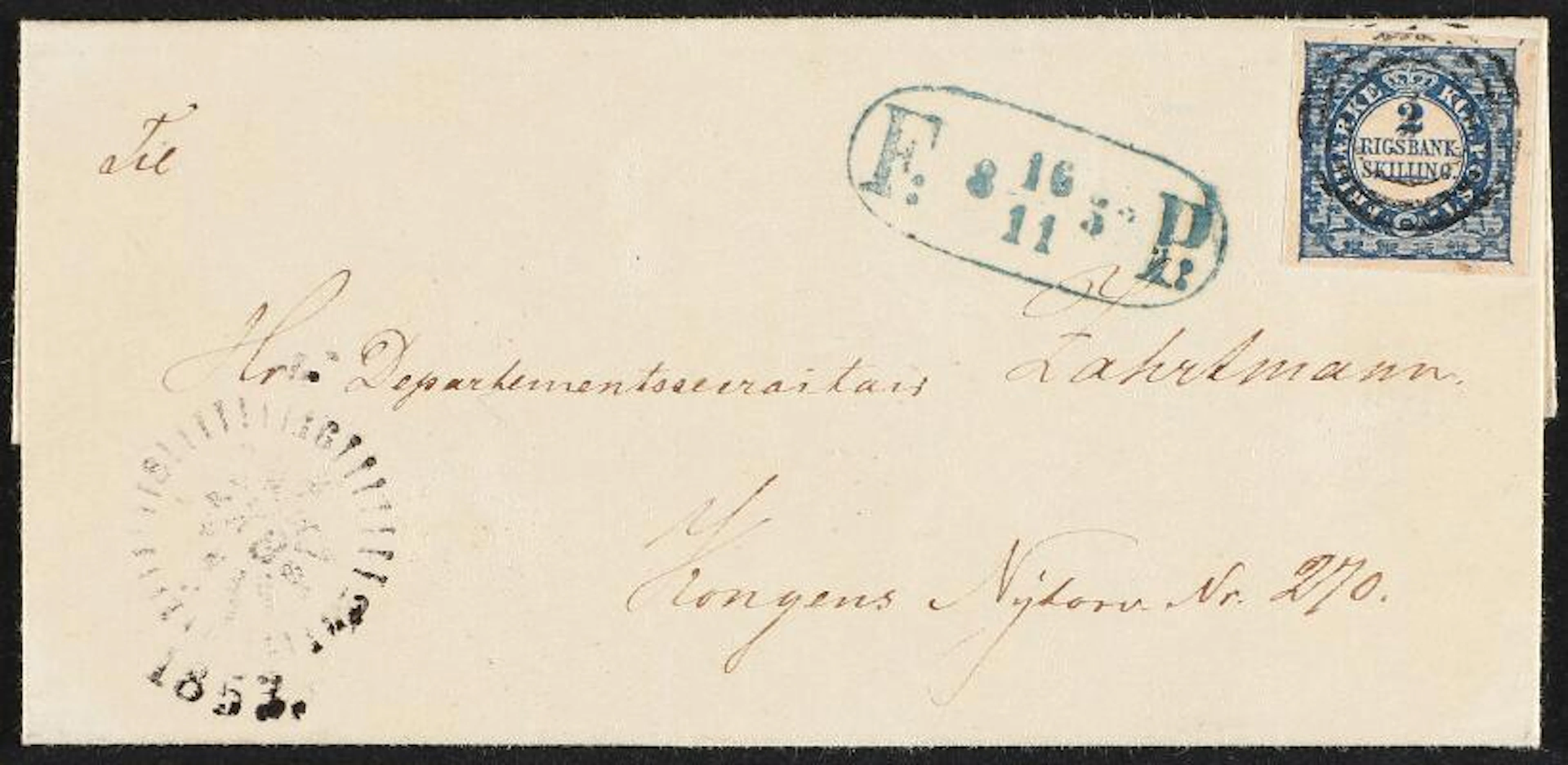1852. 2 Rigsbankskilling, blue. Thiele. Plate II, nr. 71. Type 5.