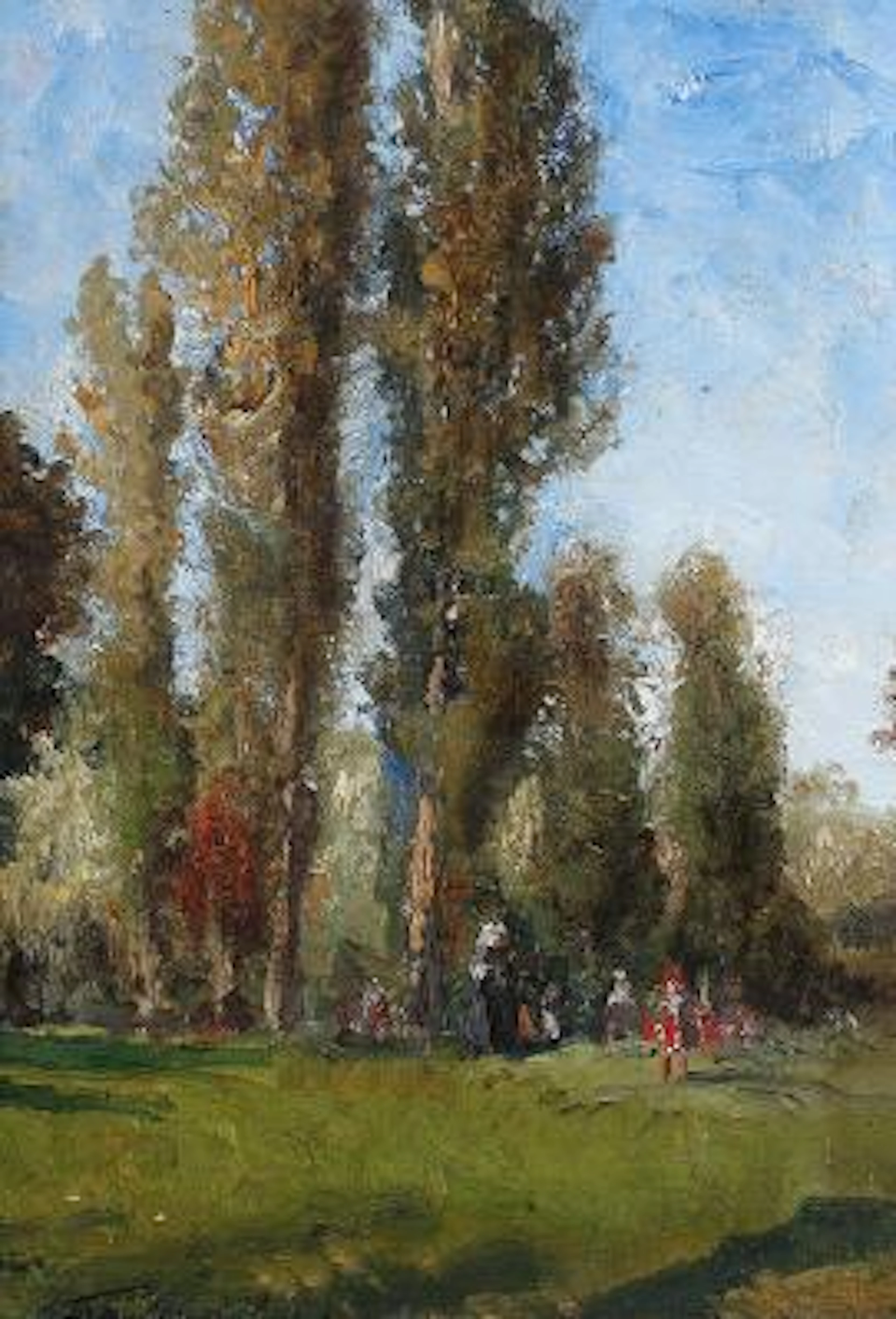 Unknown painter, 20th century: Landscape with figures and forest in
