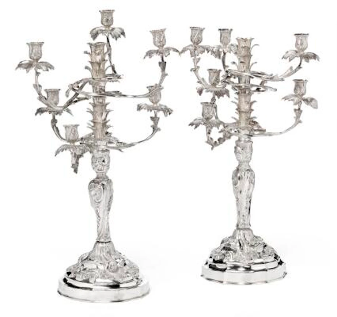 A. Michelsen: A set of four Danish Rococo Revival seven-light silver