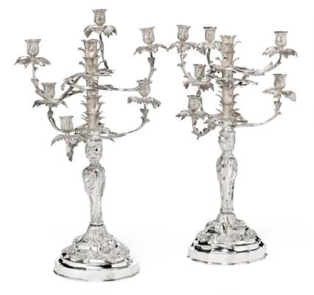 A. Michelsen: A set of four Danish Rococo Revival seven-light silver