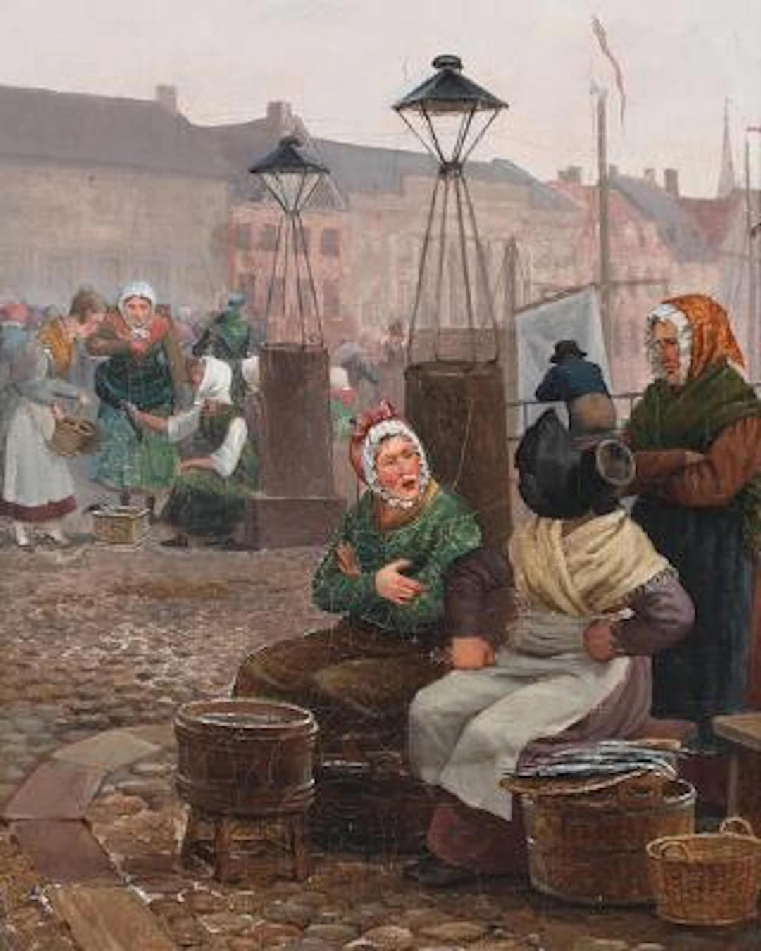 Edvard Lehmann: Fishwives selling fish at the harbour. Unsigned. Inscribed