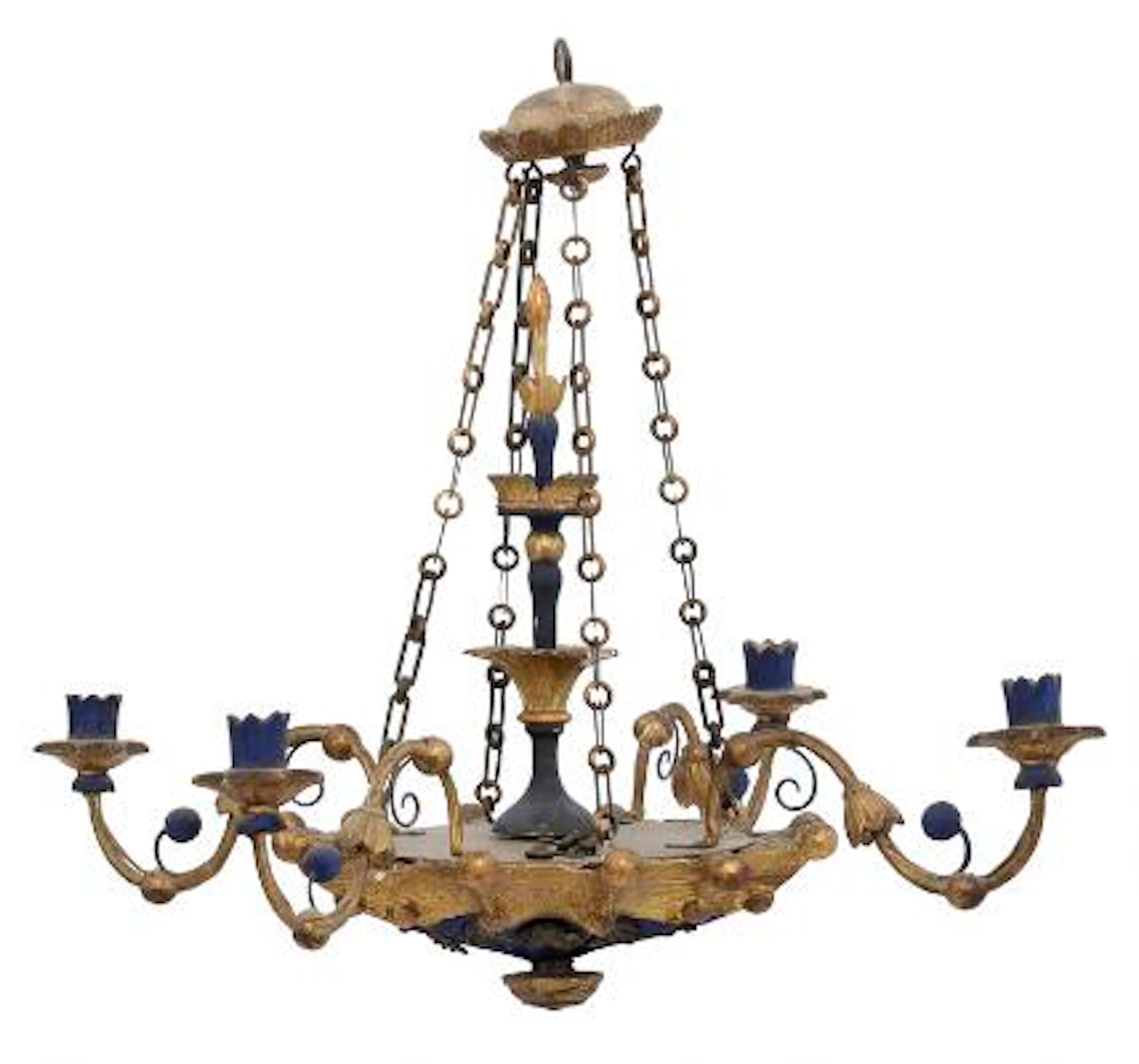 A Danish late Empire gilt and painted wood chandelier, with four lighting