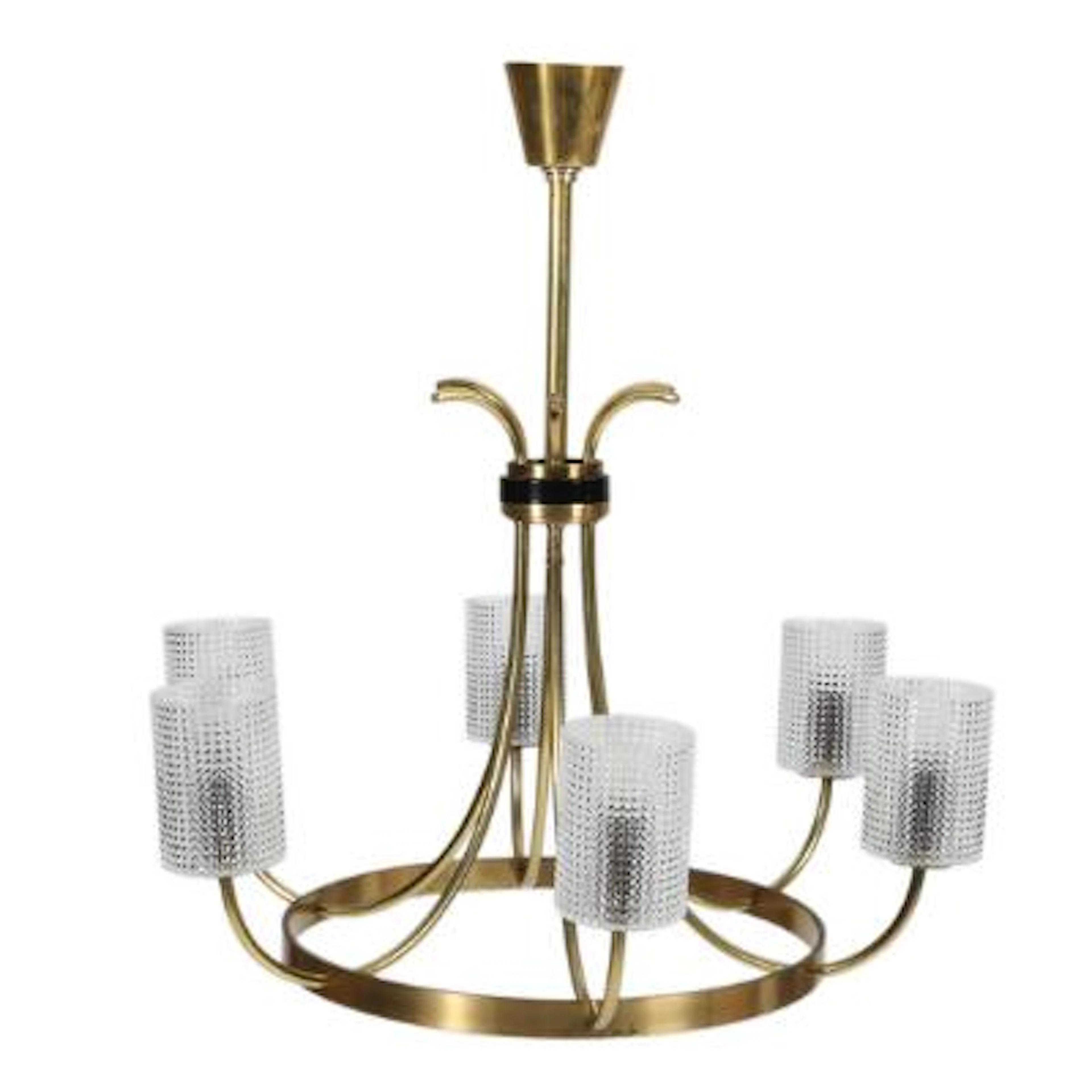 Scandinavian design: A brass chandelier, six branches with corrugated
