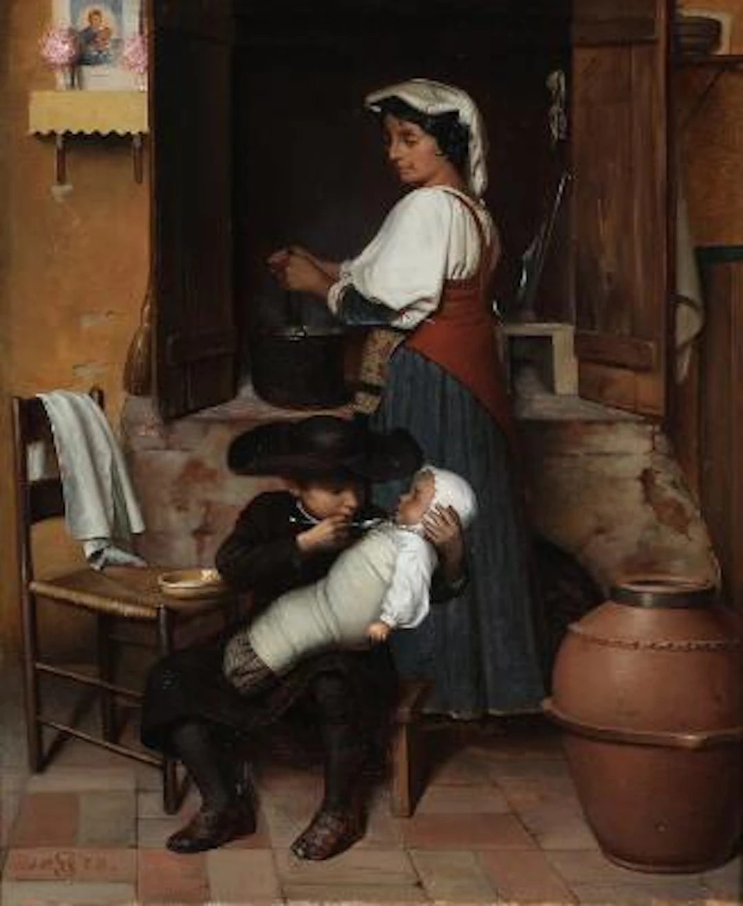 Carl Thomsen: Interior from an Italian peasant kitchen. Signed with