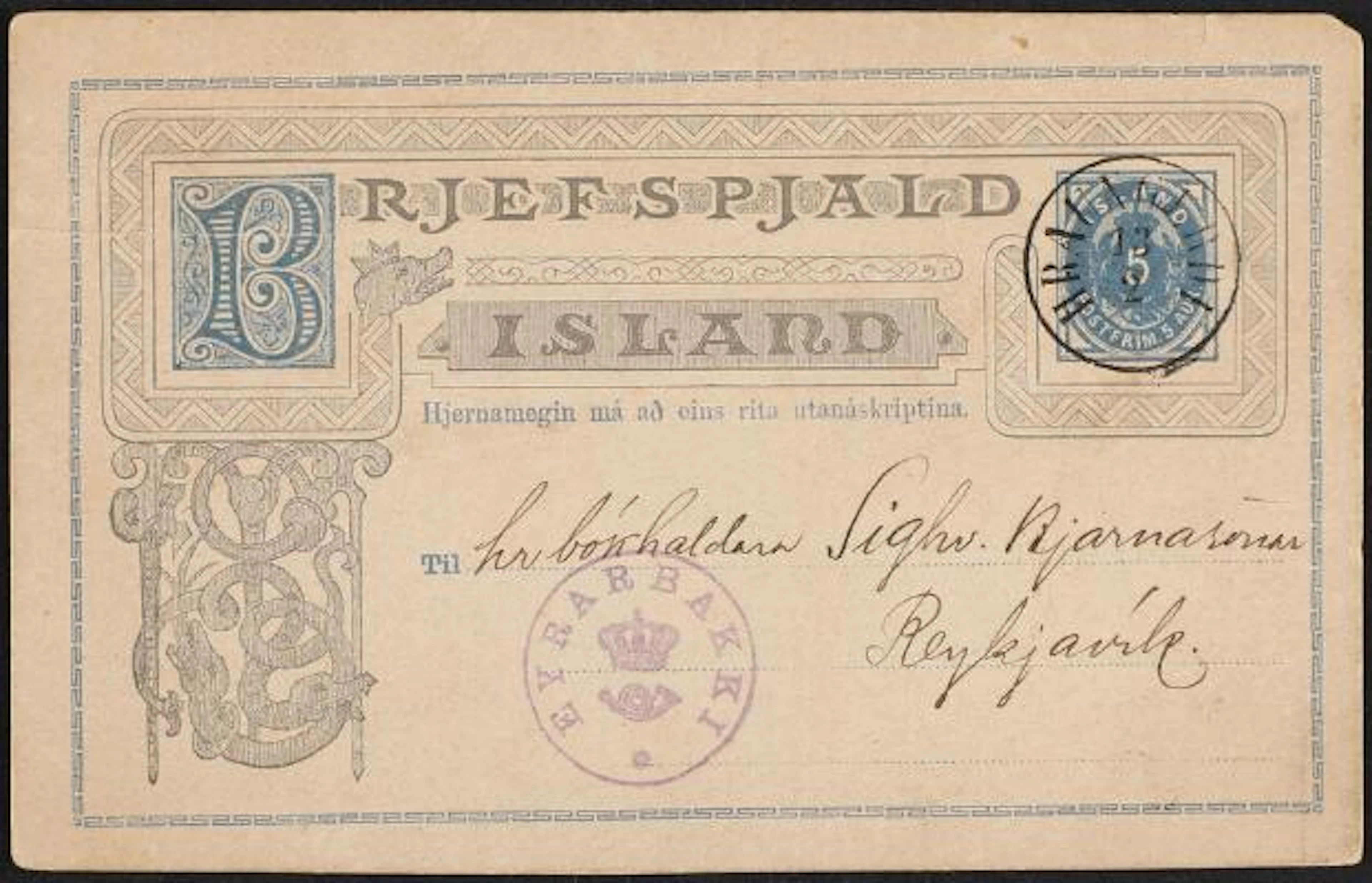 HRAUNGERDI 13.2. Antikva-canc. on 5 aur stationery card, blue. dated