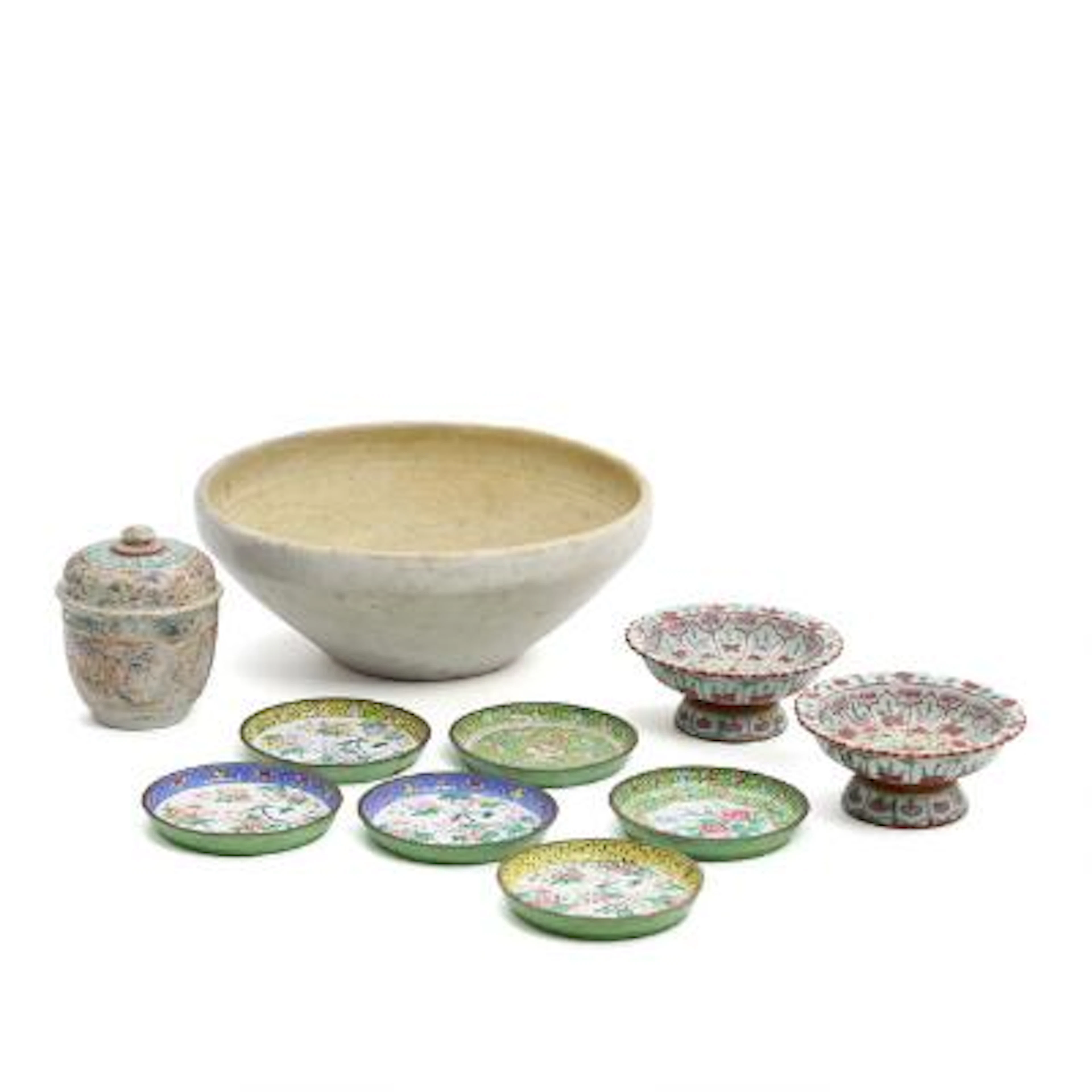 Two Becharong tazze, jar and bowl of stoneware and six Canton enamel