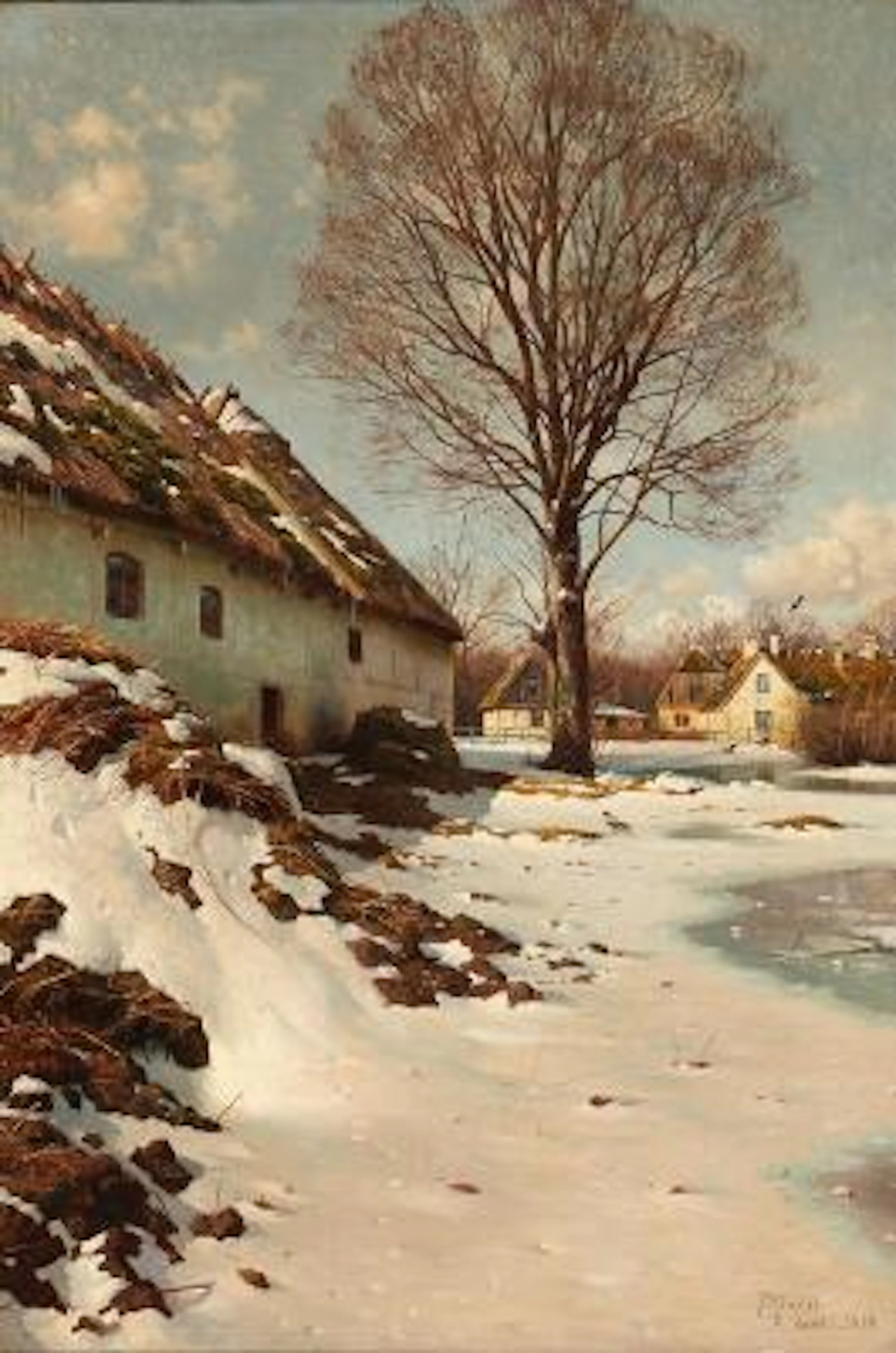 Peder Mønsted: A winter's day in Værløse. Signed and dated P. Mønsted