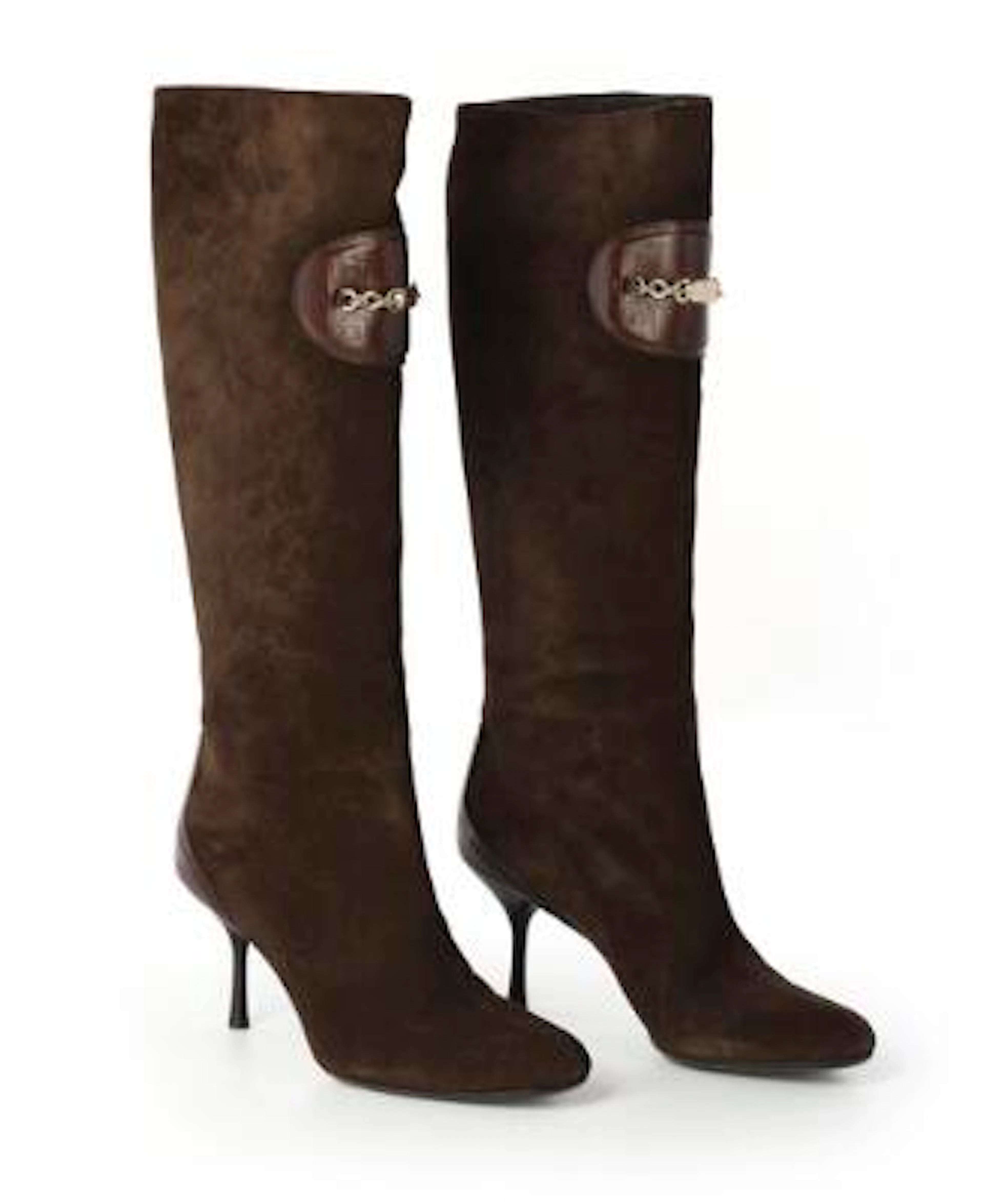 Gucci: A pair of high heeled boots of dark brown suede and leather