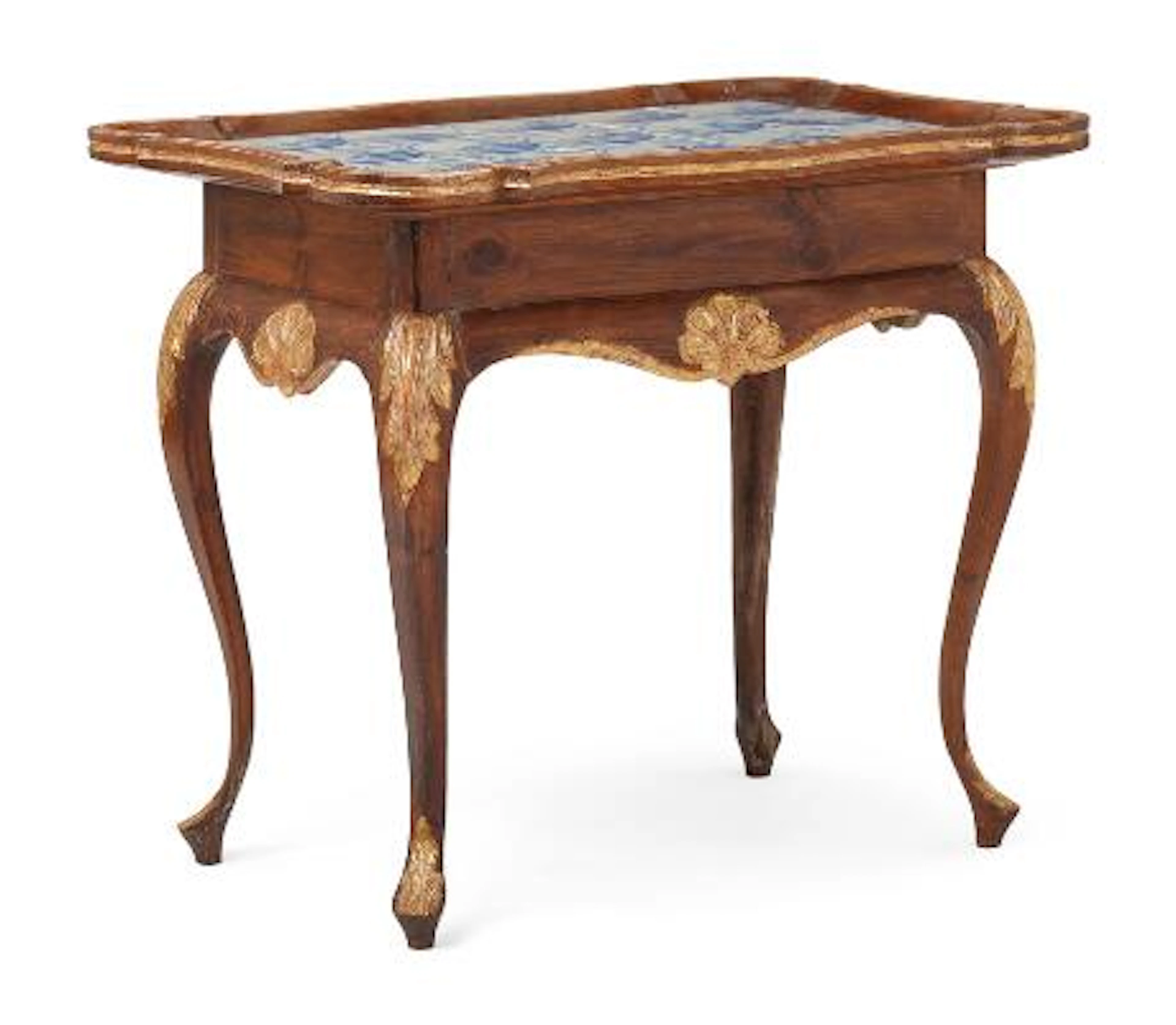 A Danish tile top table of gilded and dark-stained wood. Tiles c.
