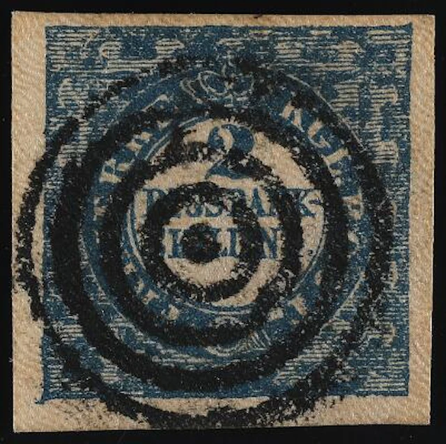 1851. 2 Rigsbankskilling, blue. Ferslew. Plate I, no. 9. Type 1. Very