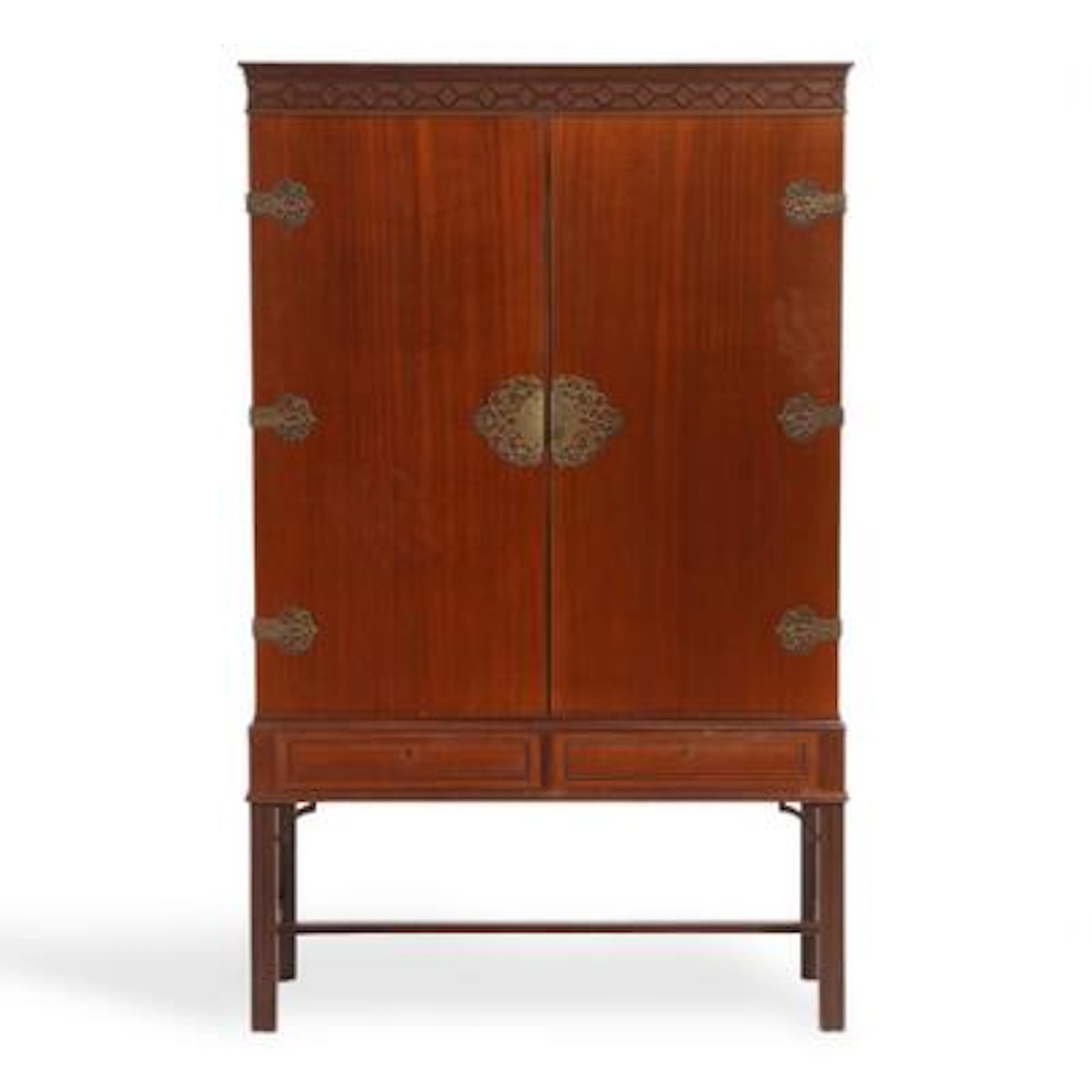 An English mahogany cupboard in oriental style, front with doors behind