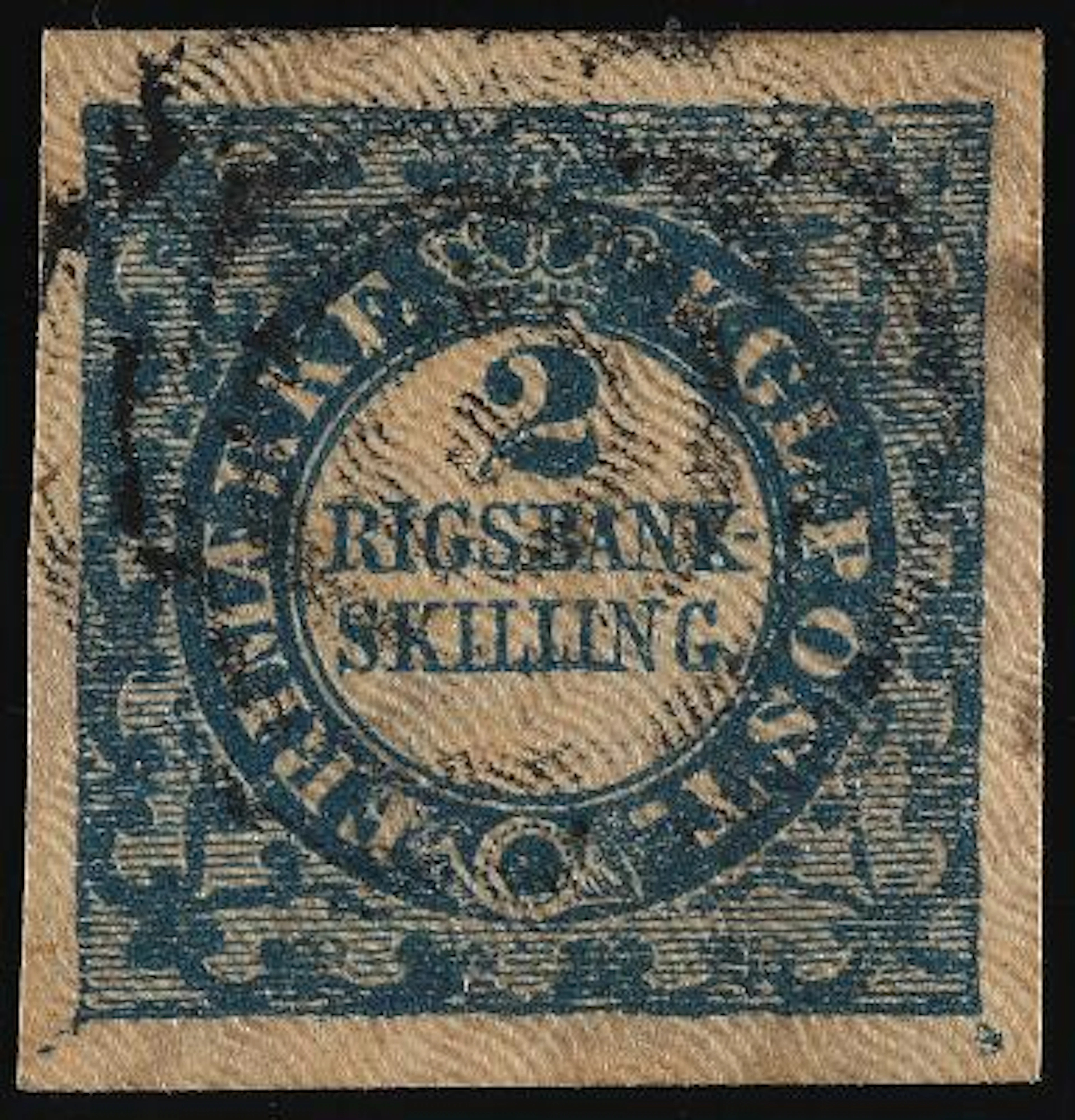 1851. 2 Rigsbankskilling, blue. Ferslew. Plate II, no. 8. Type 2 DISJOINED