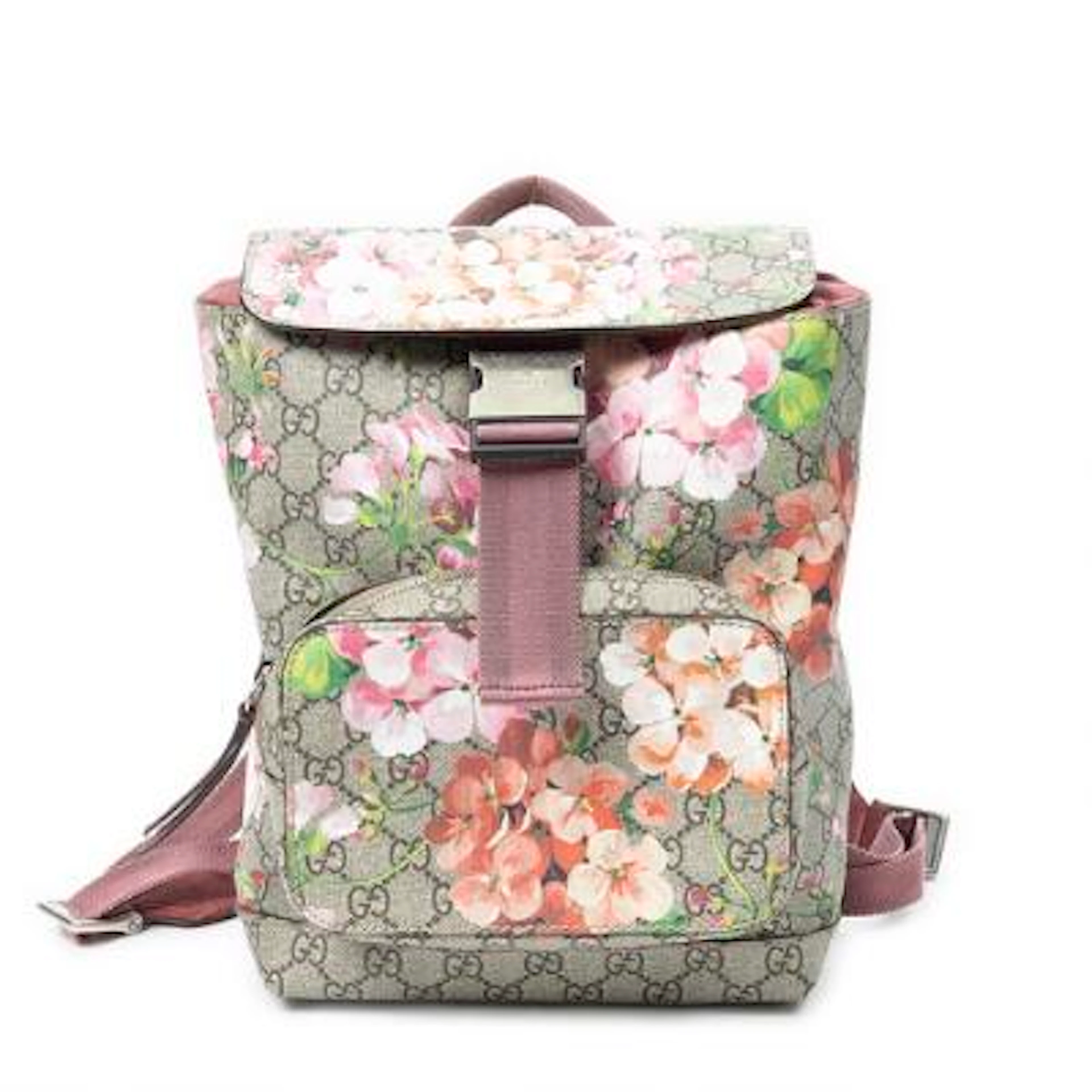 Gucci: A "Blooms Backpack" of brown monogram coated canvas with rose