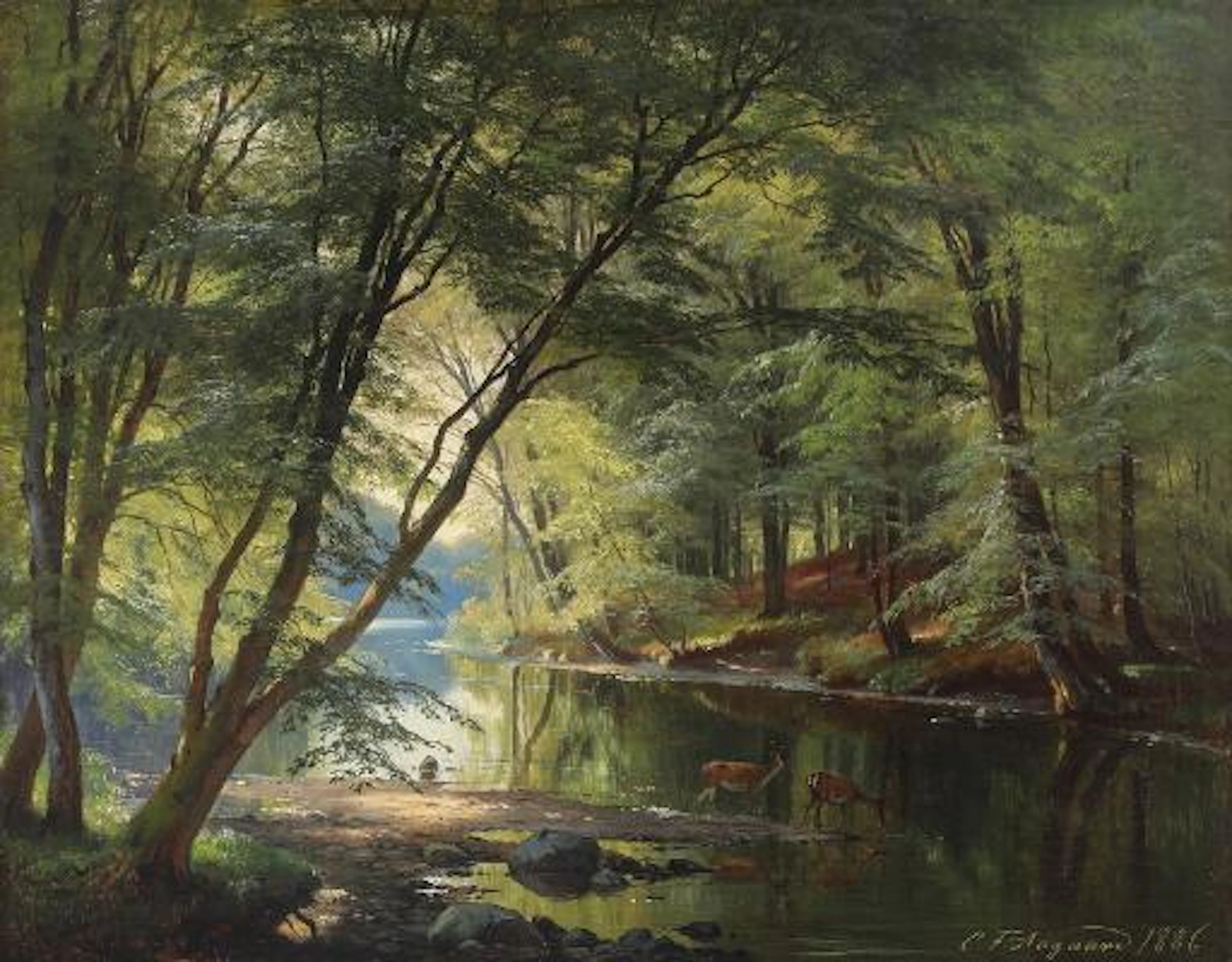 C. F. Aagaard: Forest scenery with two fallow deer drinking at the