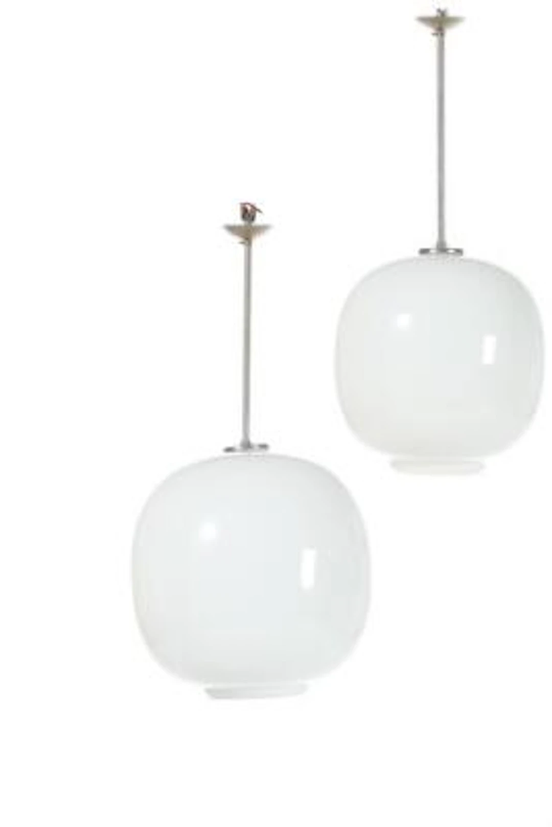Vilhelm Lauritzen: "Radiohus". Two opal glass pendants with nickel-plated