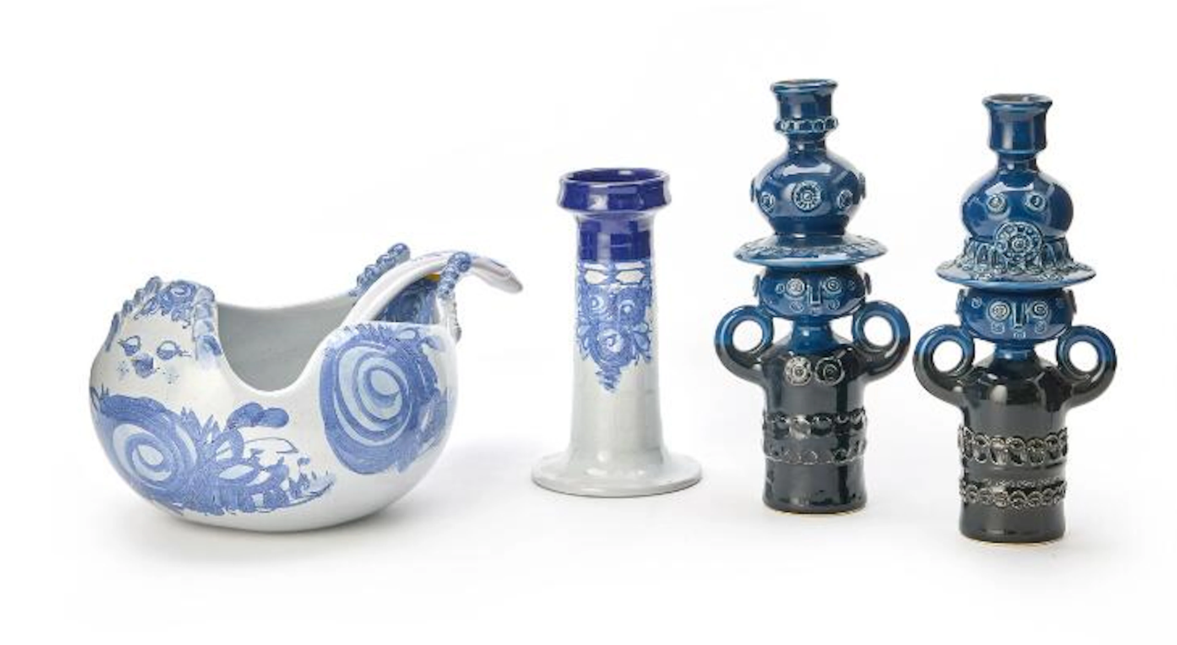 Bjørn Wiinblad: A punch bowl with matching ladle, a pair of candlesticks